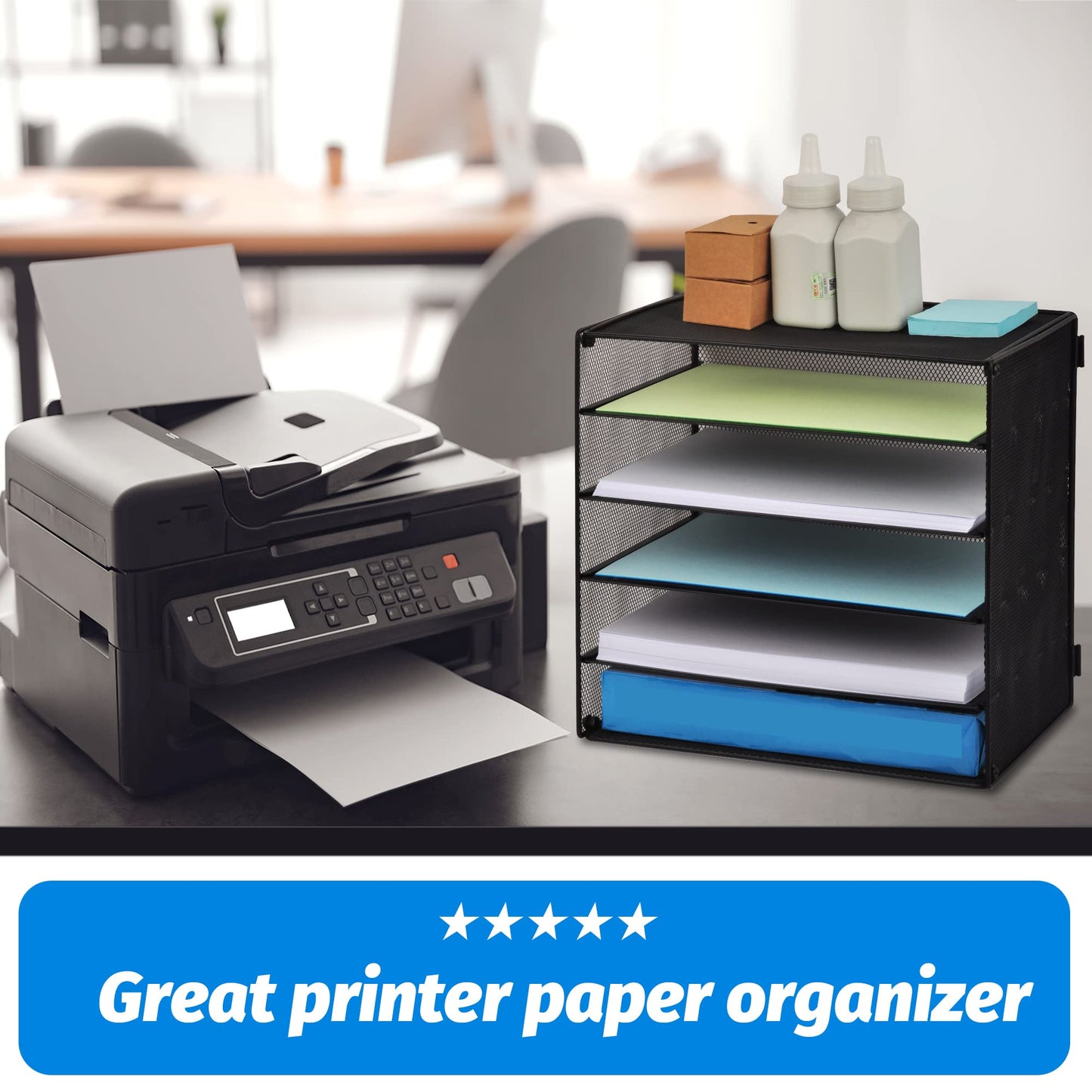 EASEPRES 6 Slot Wire Desk File Organizer Tray, Mesh Filling Paper Letter Tray Metal Desktop Paper Sorter Literature Organizer Rack for Home Office School, Black