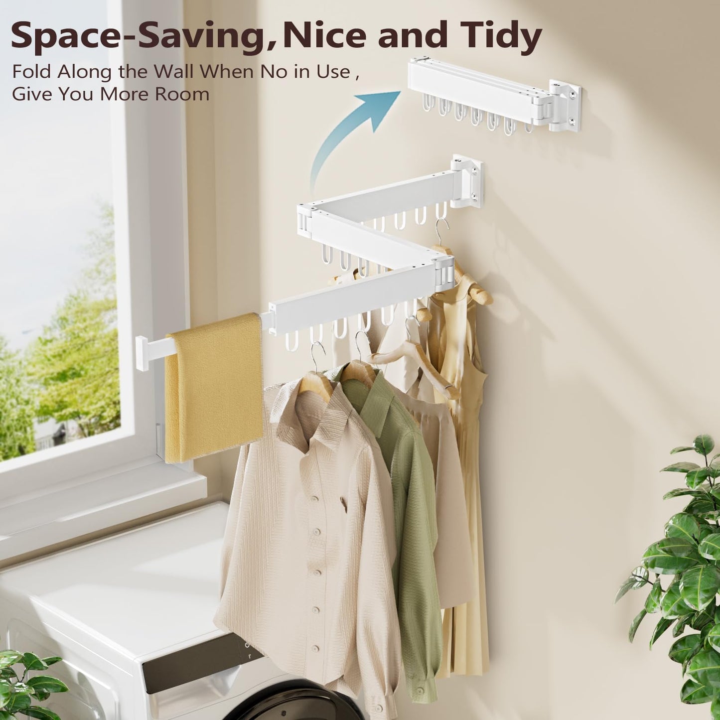 JAUREE Clothes Drying Rack Wall Mounted, Laundry Drying Rack Collapsible, Space Saving Wall Drying Rack Clothing Foldable, Tri-Fold Retractable Rack Outdoor Indoor with 18 Hooks, White