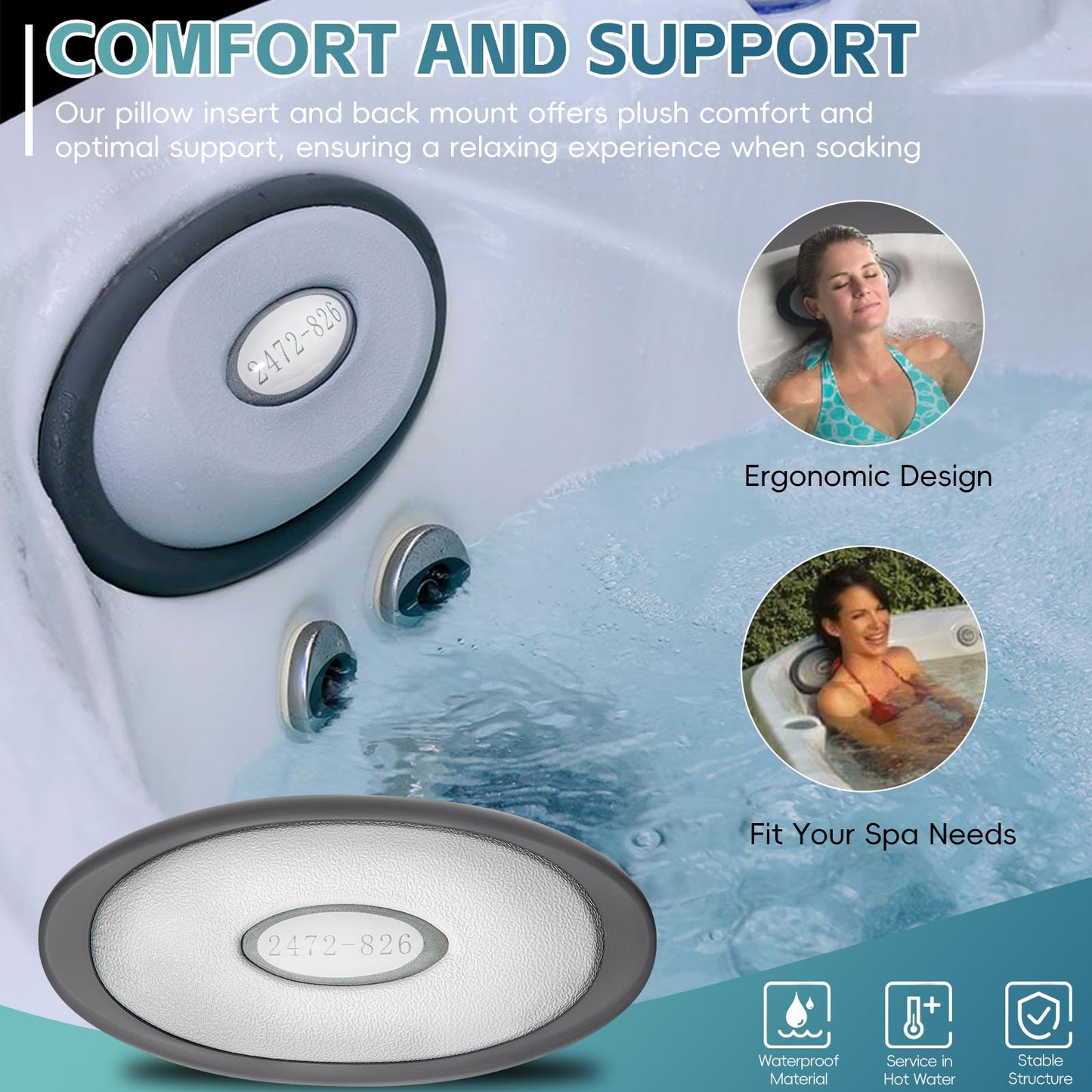 4 Pack 2472-826 Spa Oval Pillow Insert and Back Mount Fit for 2007-2013 Jacuzzi J-300 Series Hot Tubs & Spas, Hot Tub Headrest Replacement for Jacuzzi Hot Tub Pillows