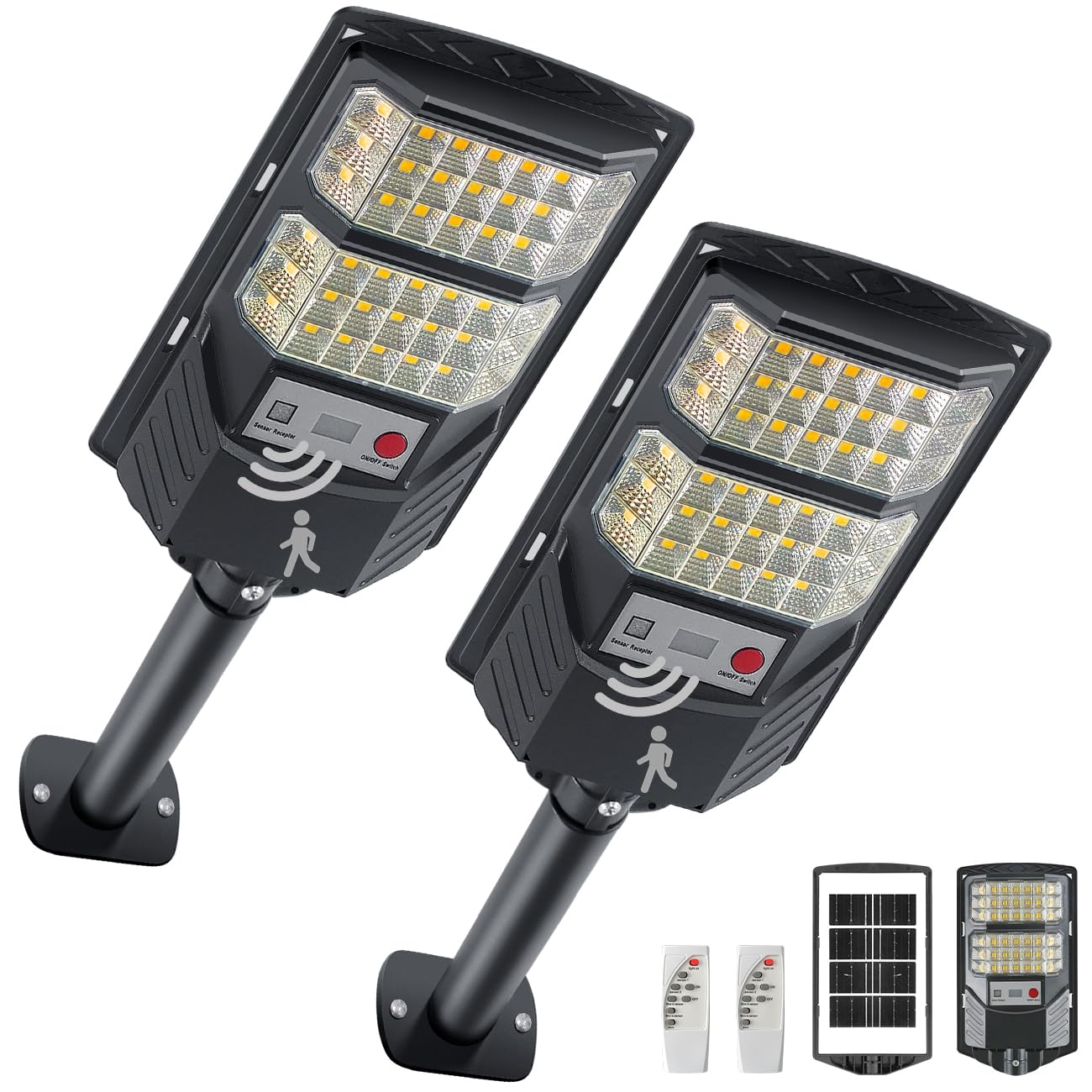 Solar Street Lights Outdoor, 3000K Solar Parking Warm Light, LED Dusk to Dawn Flood Waterproof Powered Yellow Lighting with Motion Senso Security Lights for Garden Yard Pathway