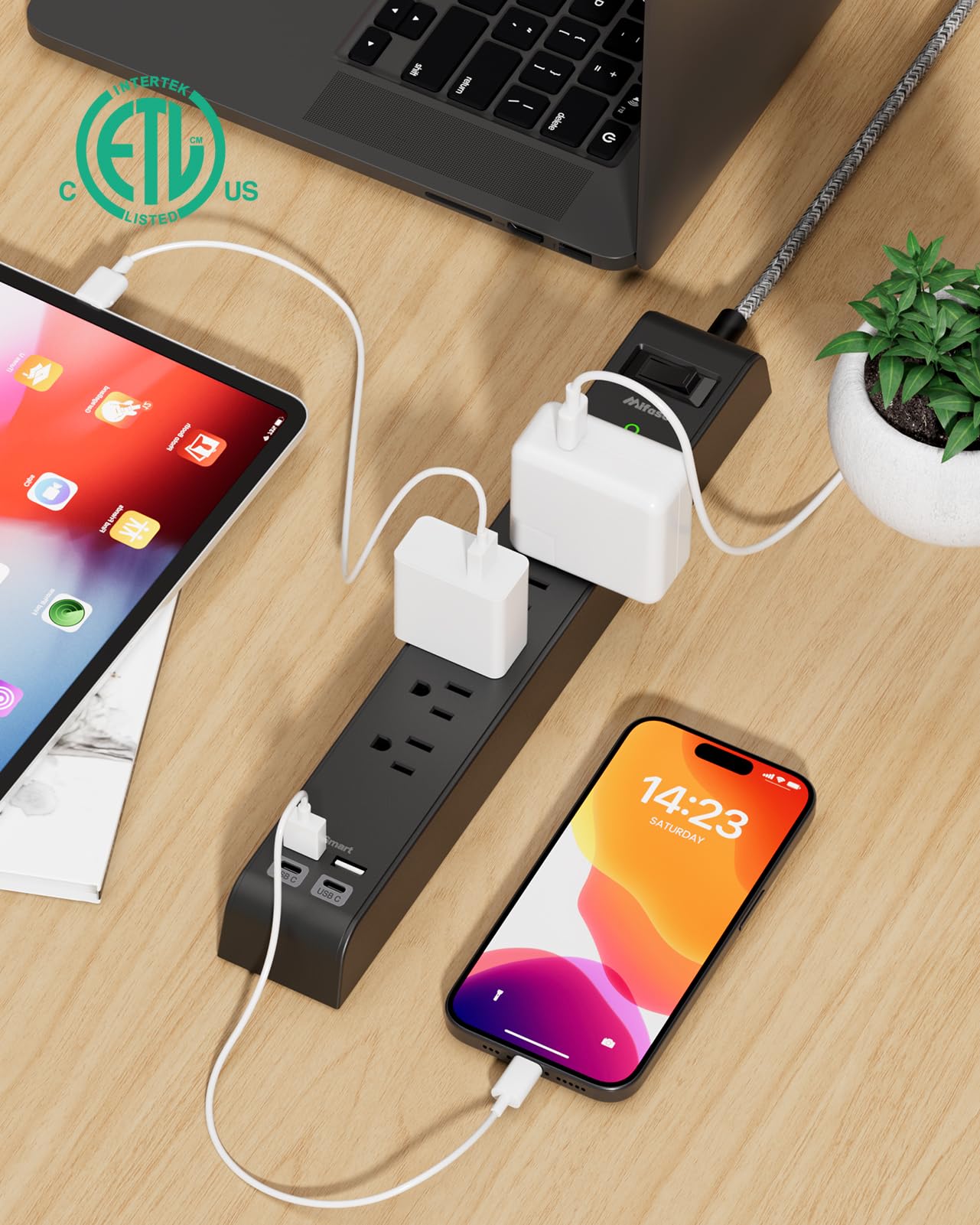 2 Pack-12FT Long Power Bar Surge Protector - with 6 Outlets 4 USB Ports, Heavy-Duty Braided Extension Cord, Flat Plug, 900 Joules, 15A Circuit Breaker, Wall Mount for Home Office