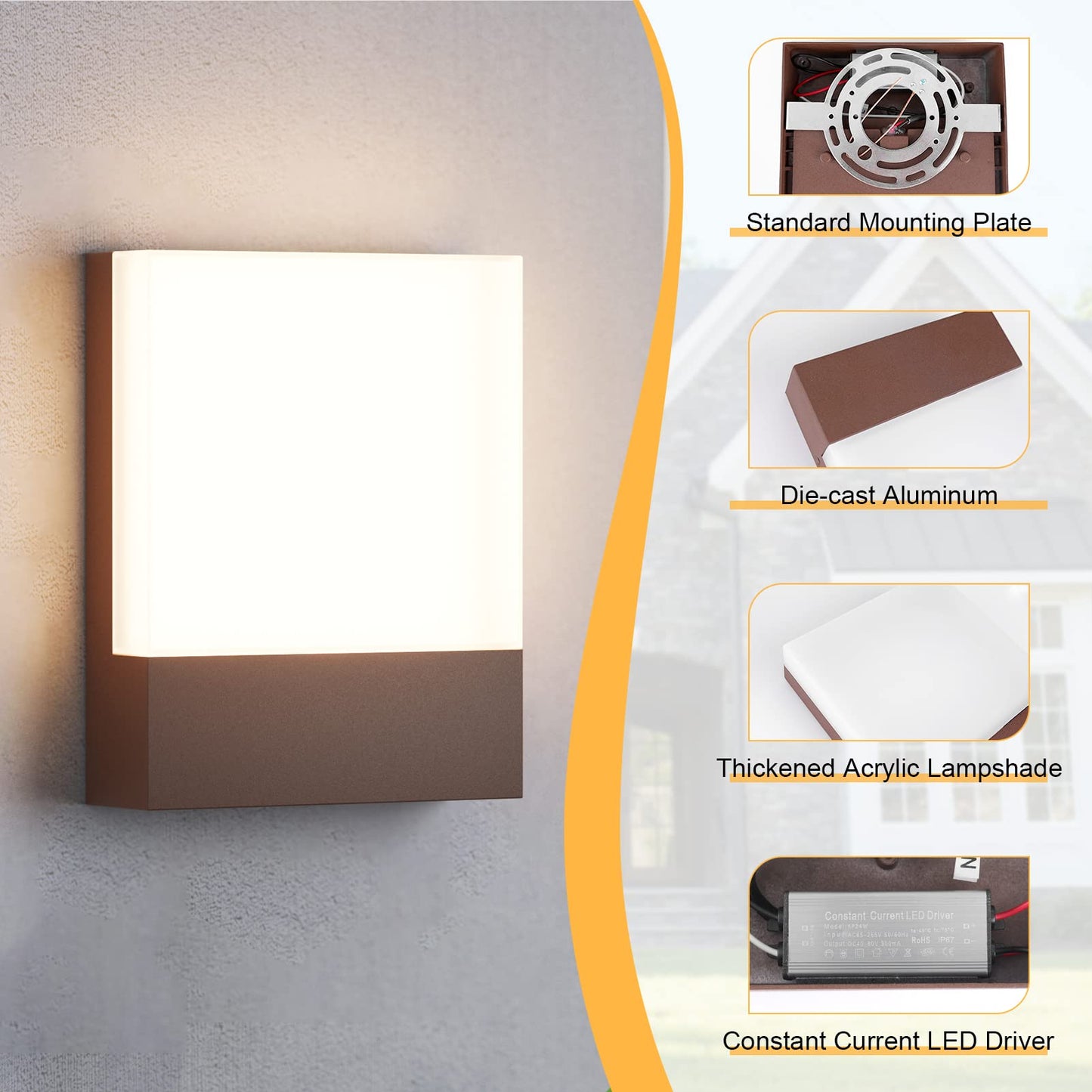 Aoceley Modern Outdoor LED Wall Light,24W 3000K Wall Porch&Patio Light,IP65 LED Exterior Wall Lights Fixtures,Low Profile Wall Sconce for House Yard Garage Walkway Garden(Rust Red,1-Pack)