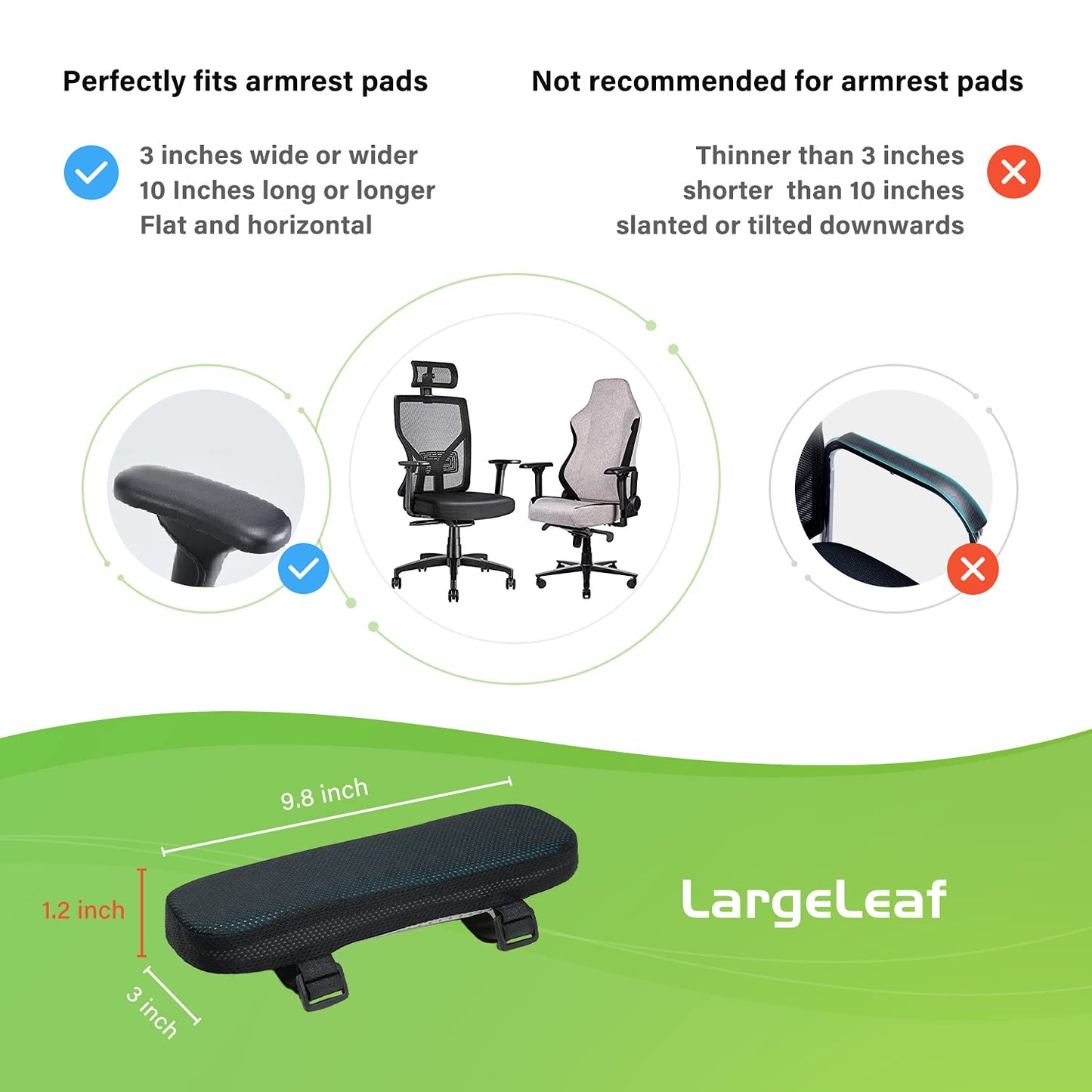 LargeLeaf Chair Armrest Cooling Gel Cushions Elbow Pillow Pressure Relief Office Chair Gaming Chair armrest with Memory Foam armrest Pads 2-Piece Set of Chair