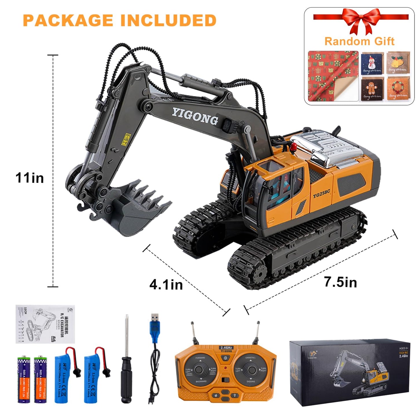 Cogwak RC Excavator Toy 11 Channel Remote Control Construction Vehicles Sand Digger Truck with Metal Shovel 680° Rotation Outdoor Birthday Gift for Boys Kids Age 6+ Year Old (Yellow)