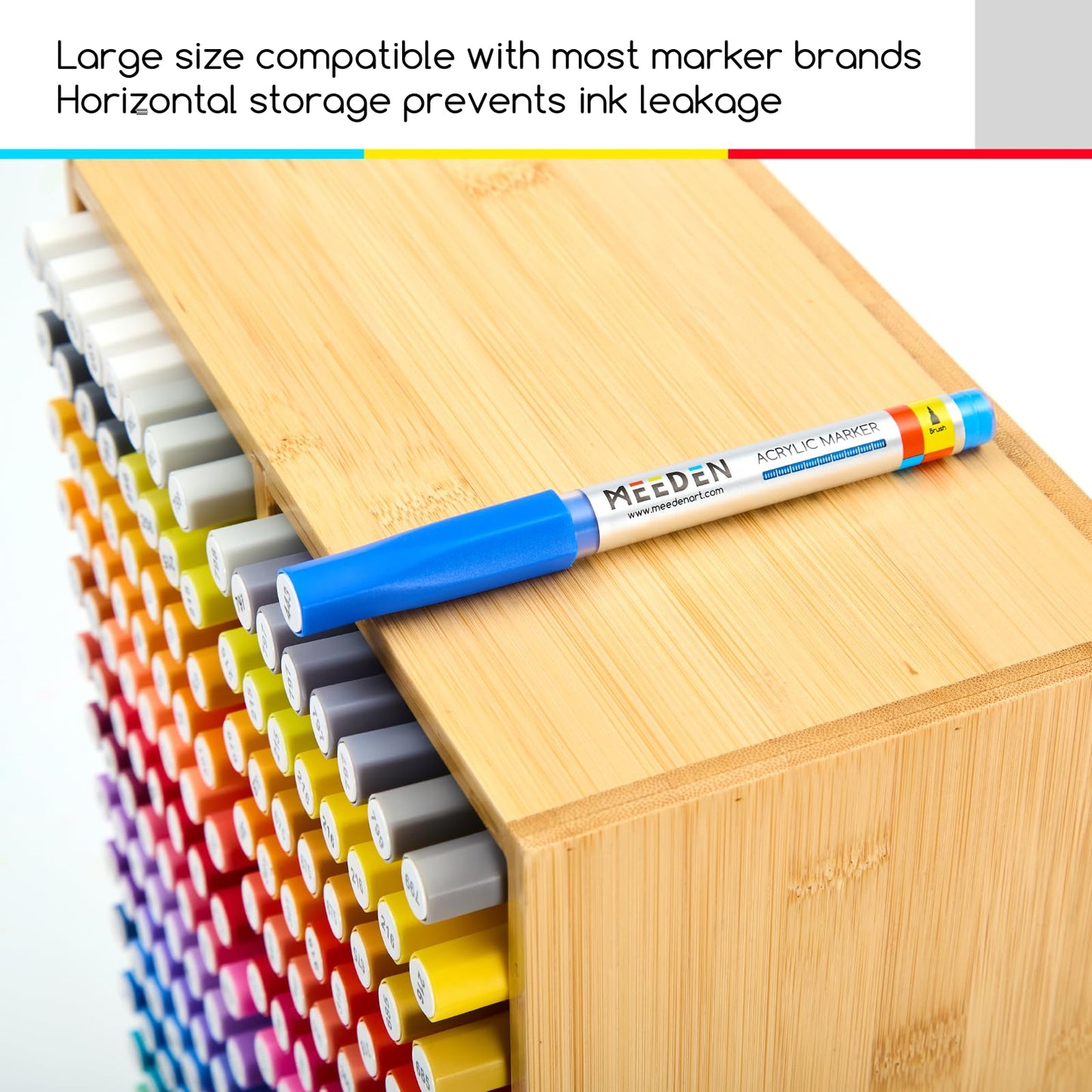 MEEDEN Bamboo Marker Storage Organizer : Desktop Storage Holder for 224 Markers, Pens, Pencils - Large Art Stationary Organizer Rack with 32 Compartments for Desk, Home, Classroom, Office