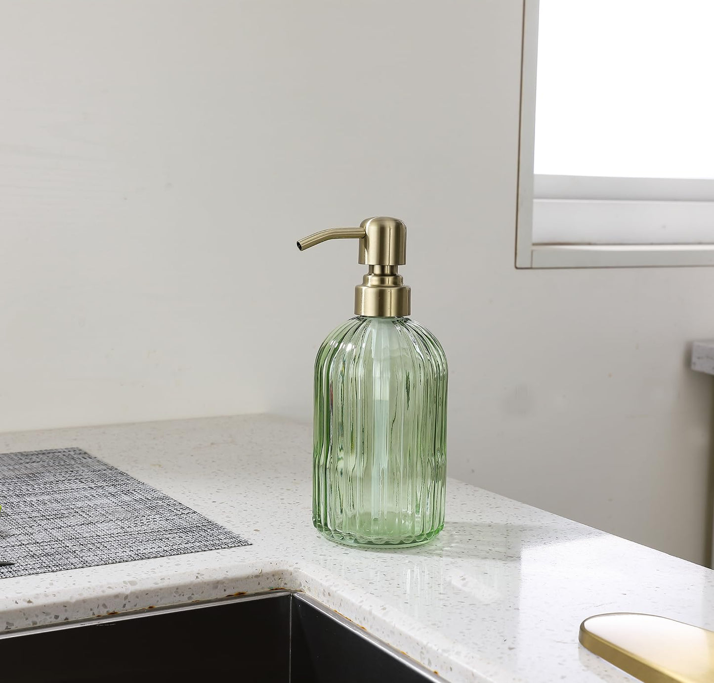 16Oz Green Glass Soap Dispenser with Rust Proof Stainless Steel Pump, Green Stripe Bathroom Hand Dish Lotion Dispensers with Brushed Gold Pump,Brushed Gold Glass Soap Dispenser2 Packs