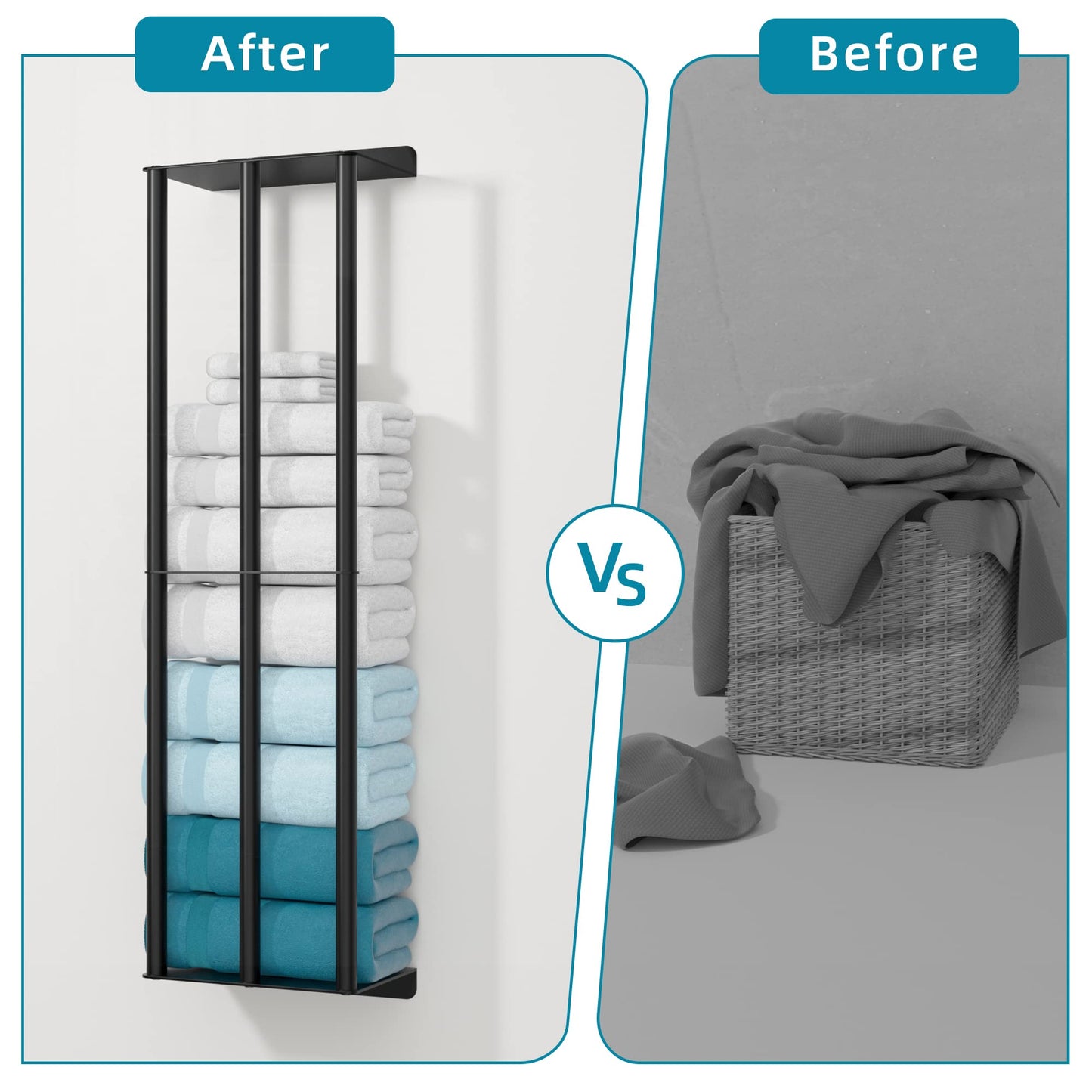Susswiff 78cm Wall Mounted Towel Racks, Sturdy 2 Metal Towel Shelves and 3 Vertical Bars, Can Holds 6 Large Rolled Towels - Rolled Towel Holder(Matte Black)