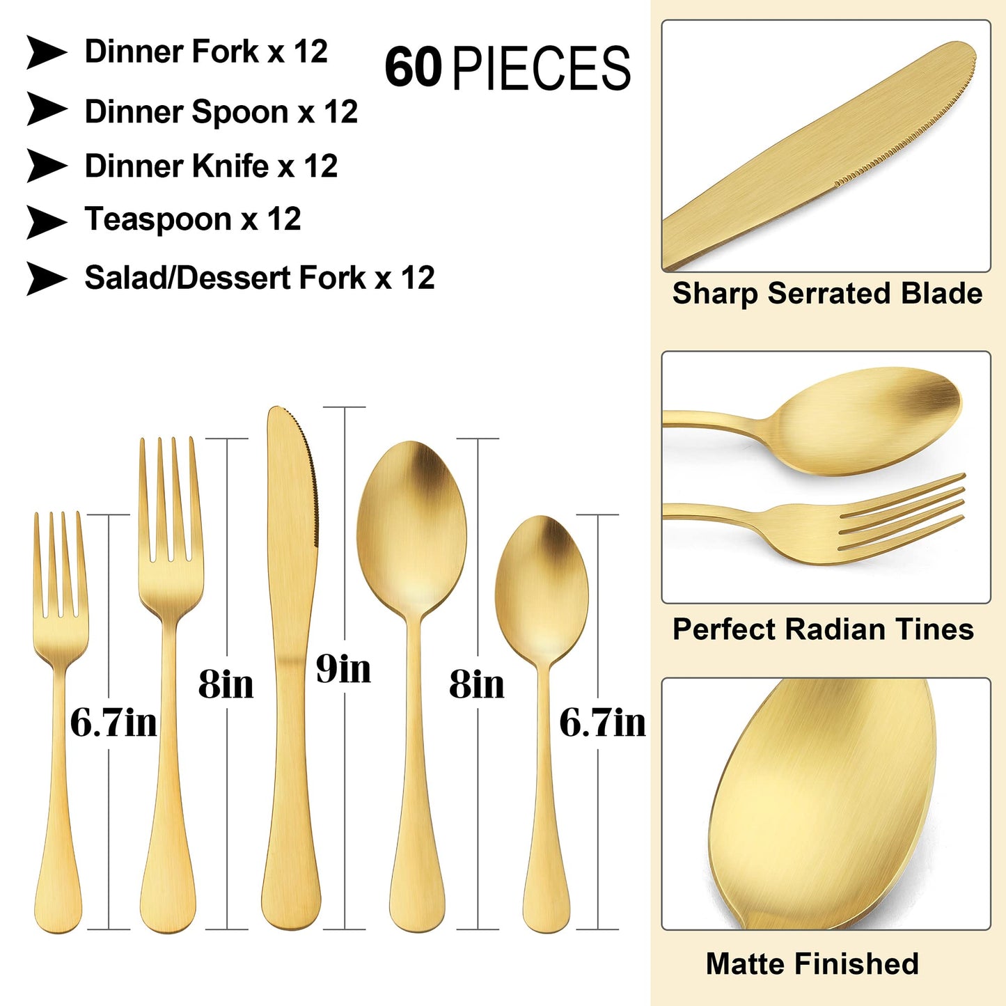 60-Piece Matte Gold Silverware Set, E-far Stainless Steel Flatware Cutlery Set Service for 12, Eating Utensils Tableware for Home Kitchen, Matte Finished & Dishwasher Safe, Simple Design