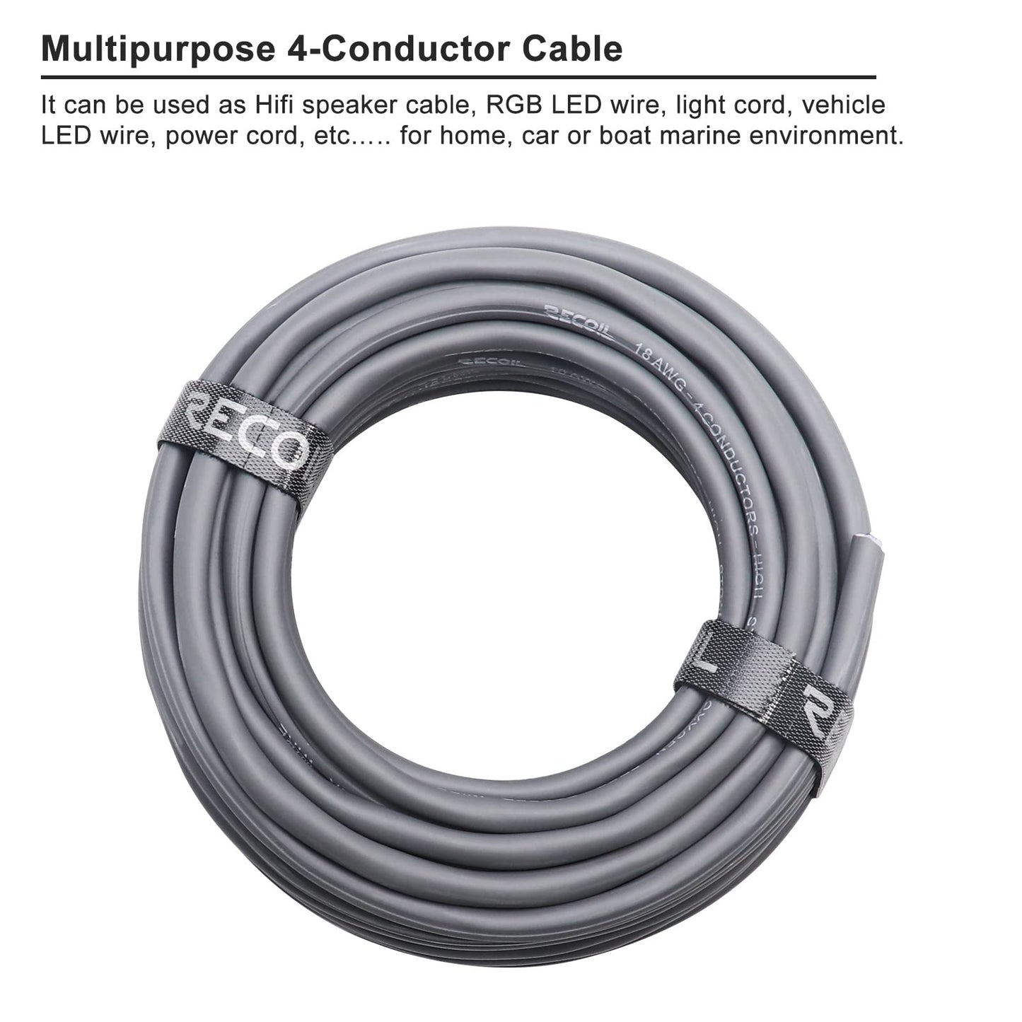 Recoil 100ft 4-Conductor 18AWG Low Voltage RGB LED Wire, LED Extension Cable, Speaker Wire, Tinned 99.99% Oxygen Free Copper for Home, Car & Marine Application