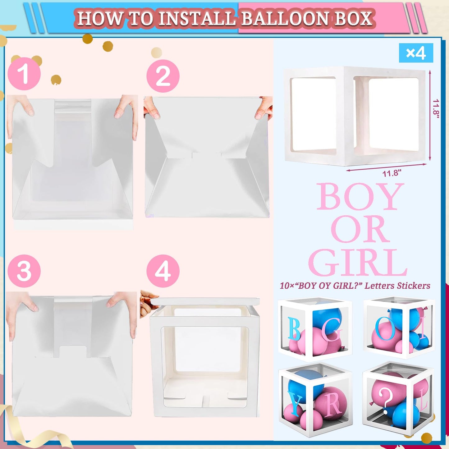 191pcs Pink Blue Gender Reveal Decorations, Boy or Girl Gender Reveal with Balloon Arch Kit, Baby Boxes, Fringe Curtains, Photo Props, Cake Copper