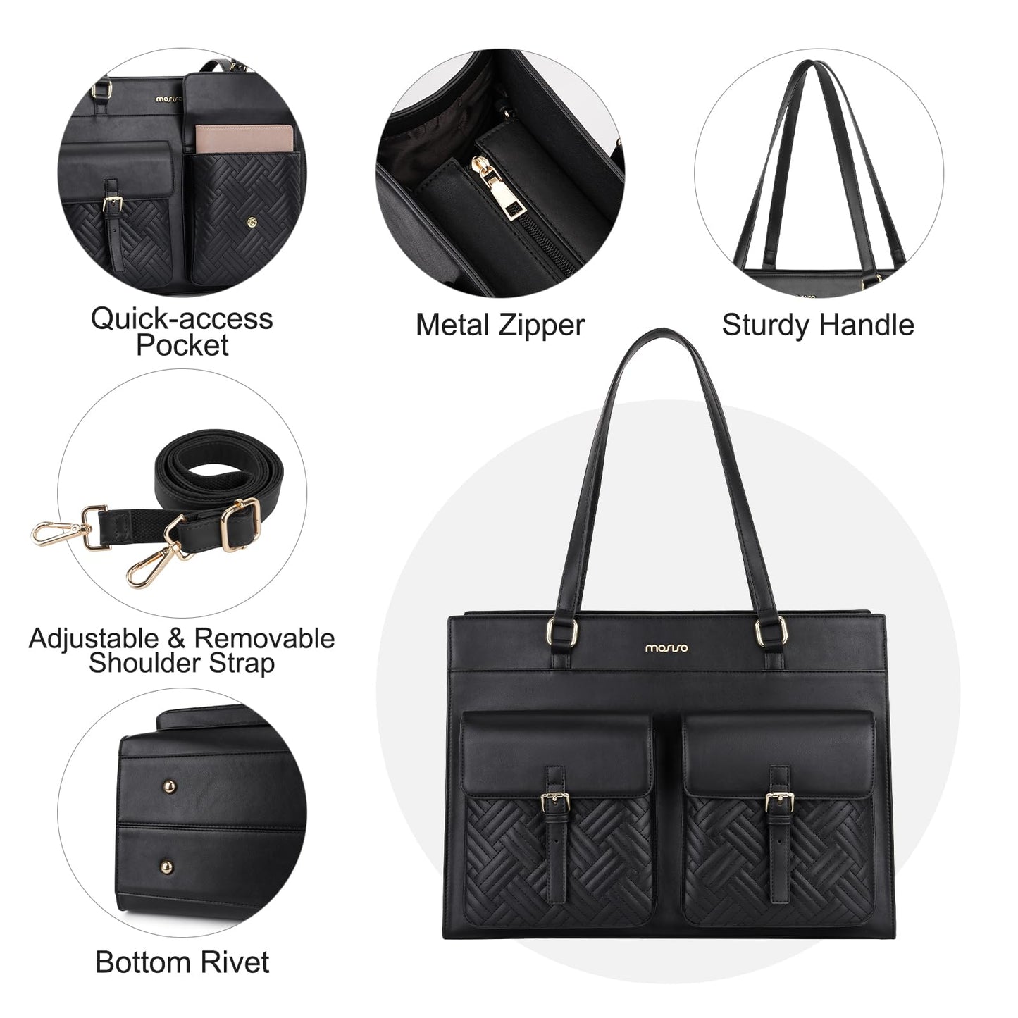 MOSISO Laptop Tote Bag for Women, 15.6 inch PU Leather Tote Crossbody Handbag with 2 Front Flapover Pockets, Large Capacity Waterproof Shoulder Computer Bags for Teacher College Work Business, Black