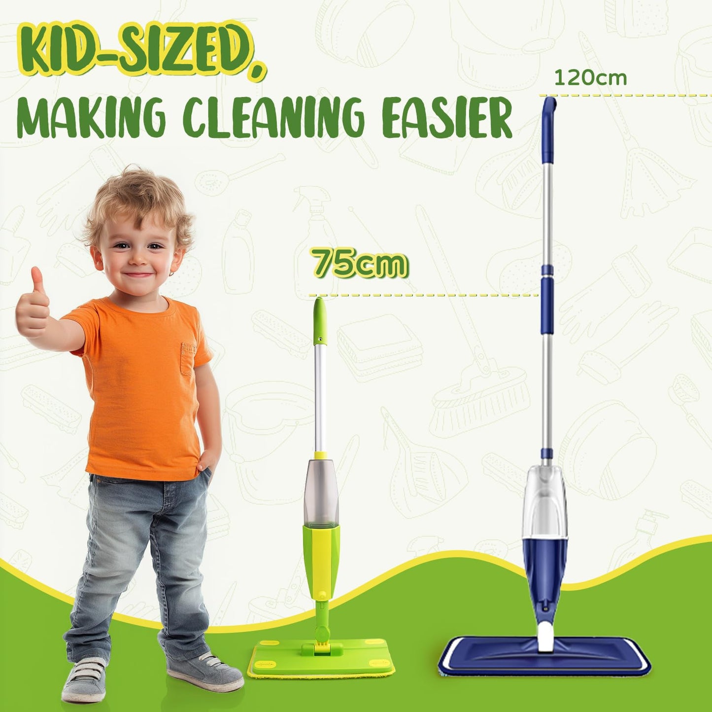 Yasterd Kids Spray Mop, Fun & Functional Toddler Mop Cleaning Set,Real Working Mini Mop, Pretend Play Toy –Includes Spray Bottle,Washable Microfiber Pads, Montessori Toddler Cleaning Toy Set -Green