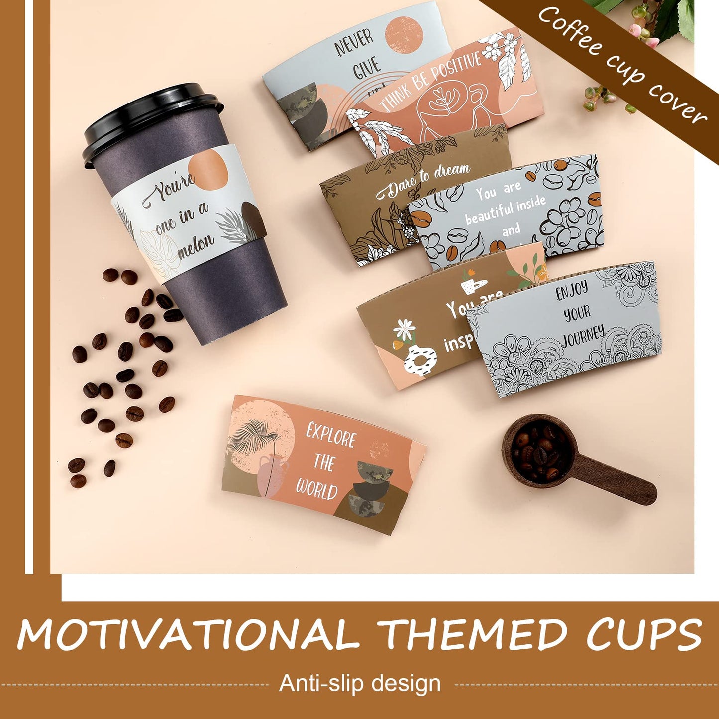 Dingion 500 Pack Coffee Cup Sleeves Corrugated Cardboard Motivational Disposable Sleeve for Inspiring Cold or Hot Beverage Chocolate Coffee Tea, Fits 12oz 16oz Paper Cups