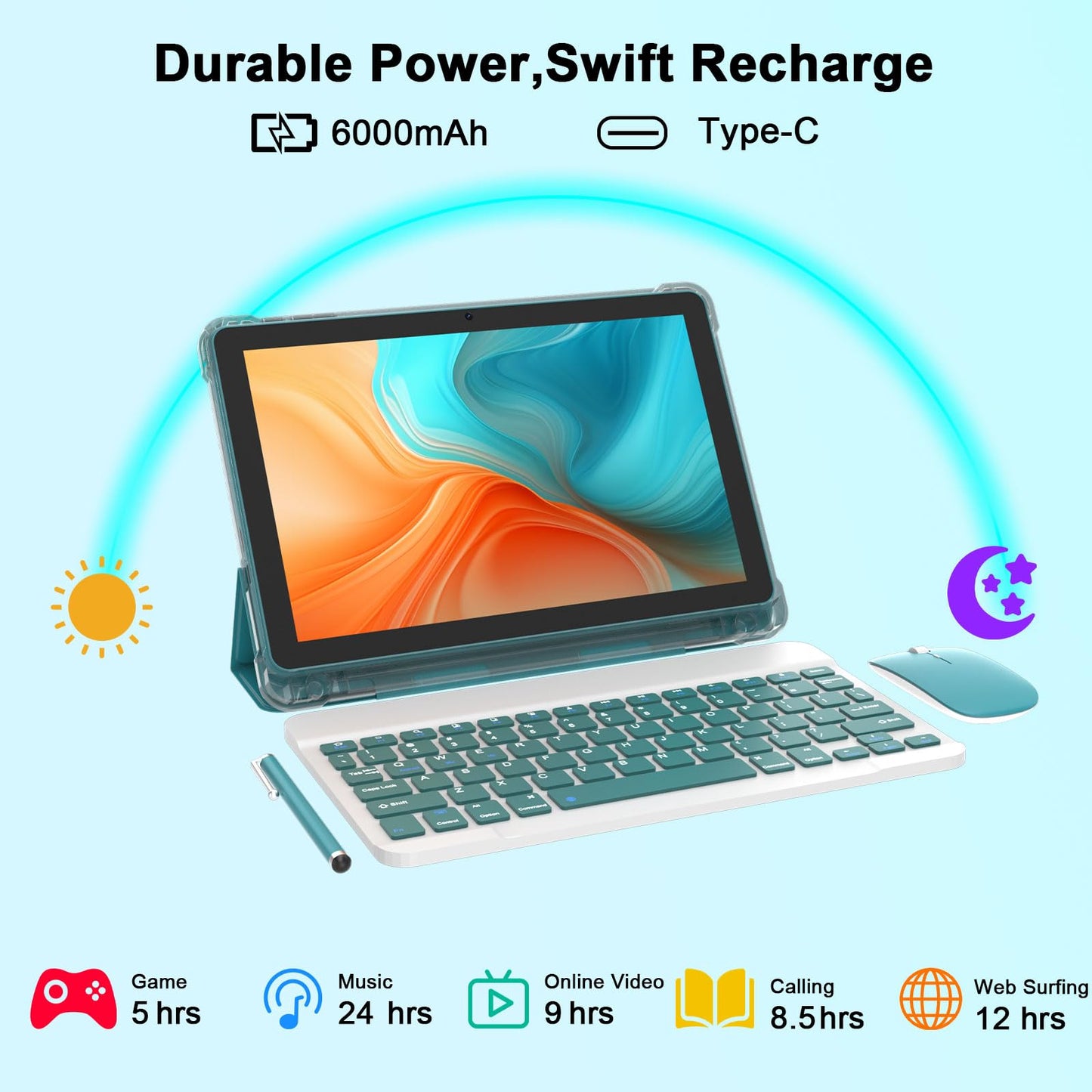 Android 15 Tablet, 10 Inch 18GB RAM+128GB ROM/2TB Expandable Tablets PC, 2 in 1 Tablets with Keyboard, Mouse, Case, Stylus, Quad-core 2.0GHz CPU 1280*800 HD Screen, 5G WiFi6 BT 5.0, 8MP Camera Tableta