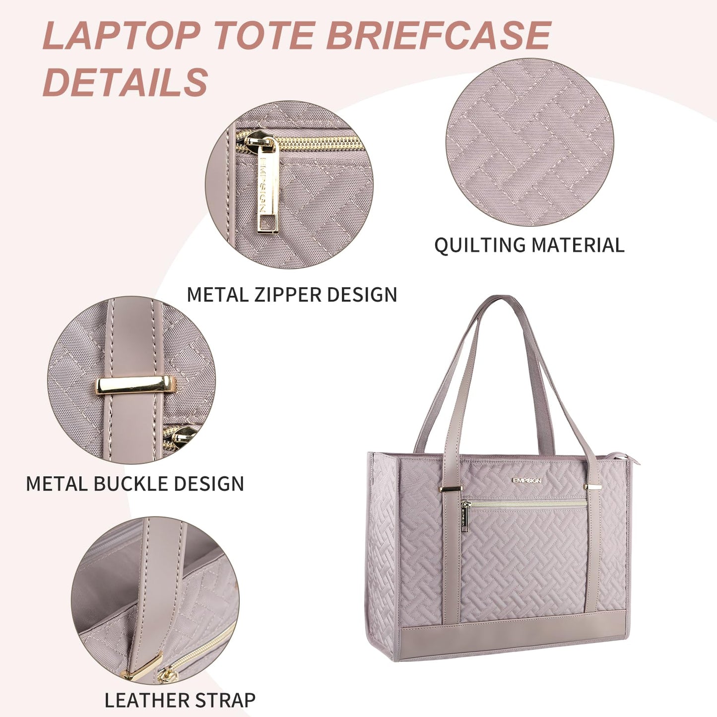 EMPSIGN Laptop Tote bag for women 16 Inch, Stylish Computer Shoulder Tote Bag for Work, Large Capacity Quilted Laptop Briefcase, Waterproof Women Business Office Bag, Quilted Grey Pink