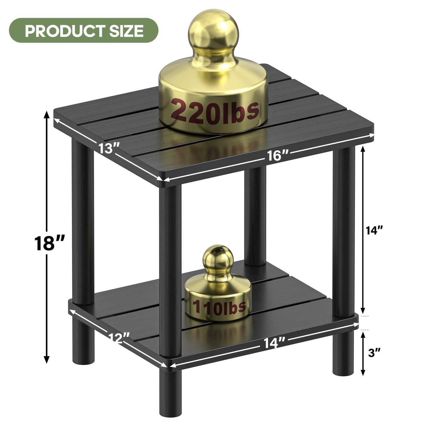Outdoor Side Table, 2-Tier Small Outdoor Table for Patio, Adirondack Side Table for Outside or Indoor, Bamboo End Table for Pool, Porch, Weather Resistant Easy Maintenance(Black)
