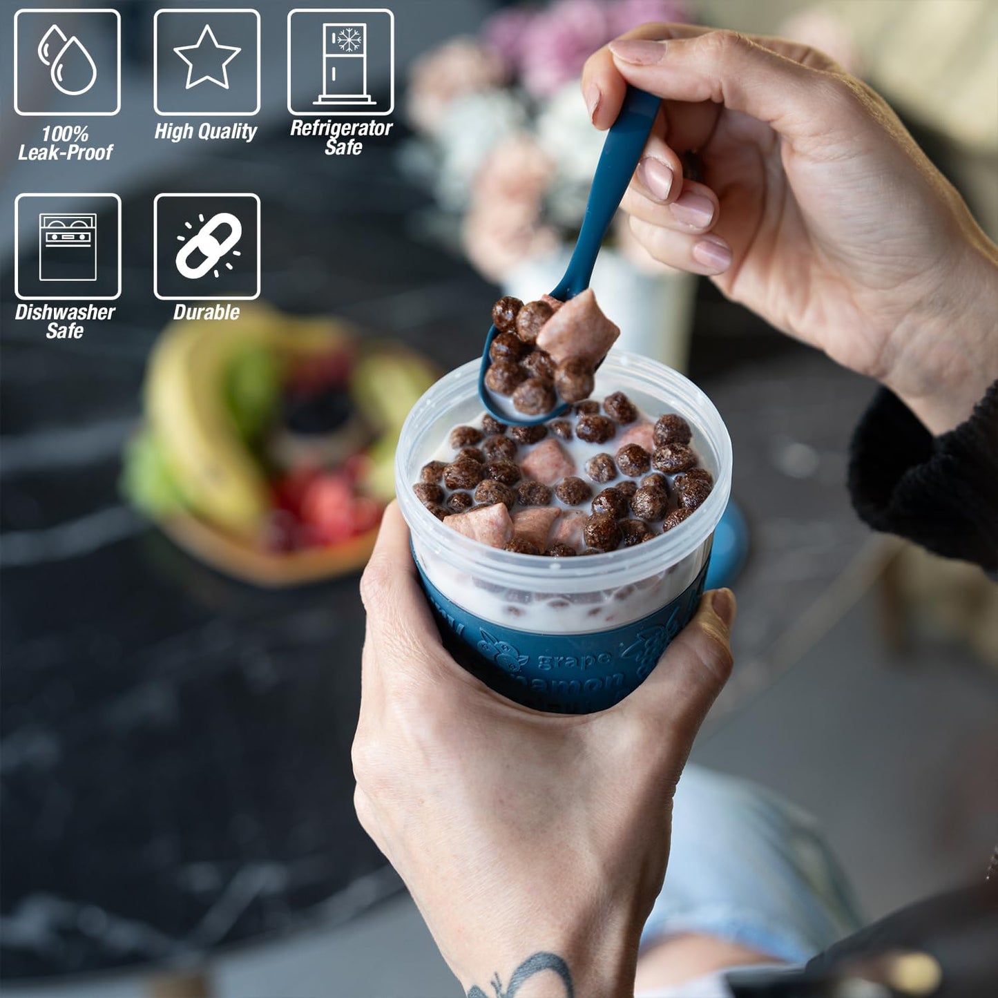 EYNEL On The Go Cereal Yogurt Cups with Lids and Spoon, Overnight Oats Container, Reusable Parfait Plastic Milk Jar Breakfast Crunch Granola Oatmeal Smoothie Snack Prep Bowl To Take Along (4 Pack)