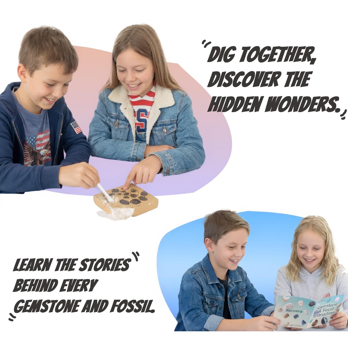 Xenvera Gemstone and Fossil Dig Kit – Excavate 10 Gems and 10 Fossils, STEM Geology Set, Educational Toy, Science Kit for Kids Ages 8+