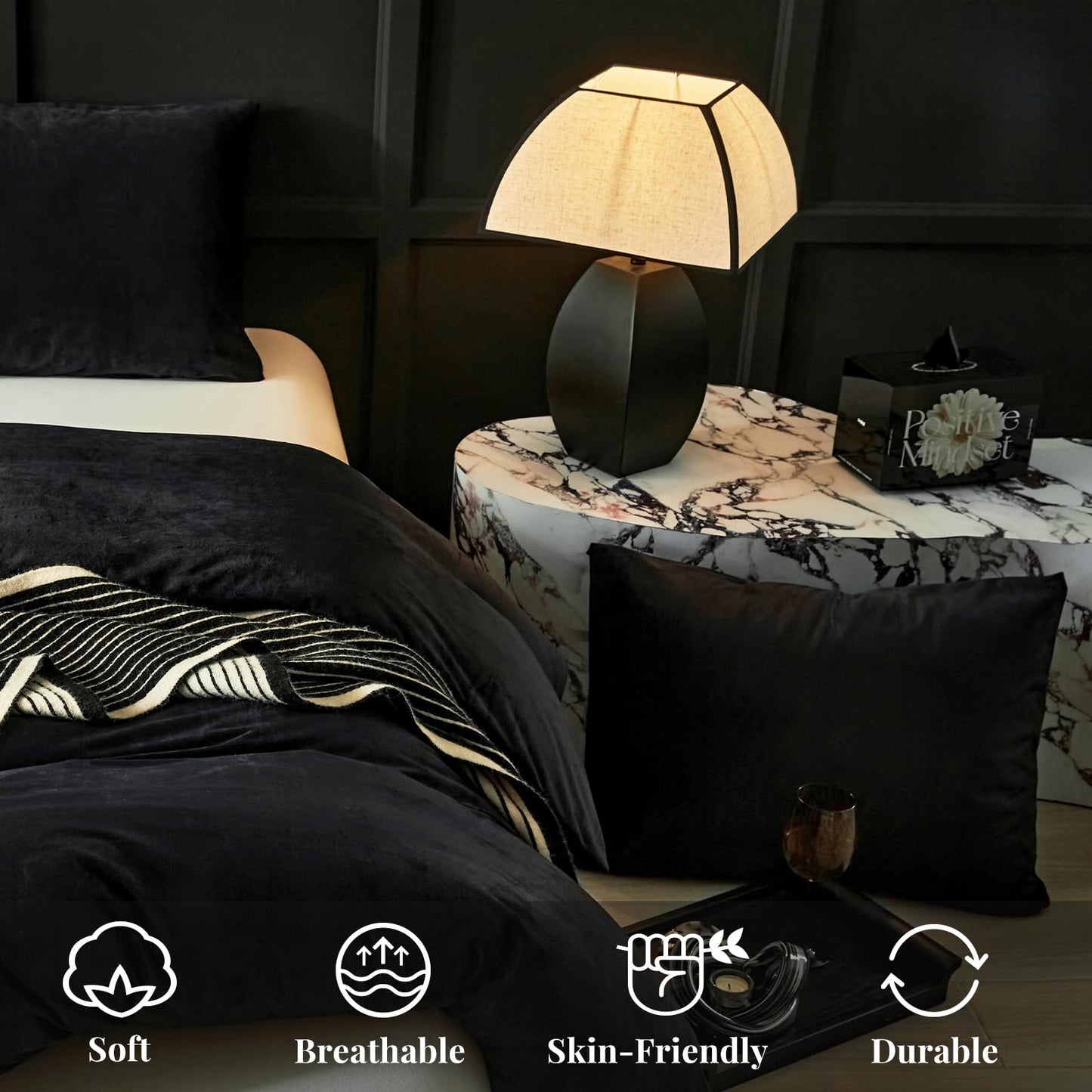 WARMDERN Black Velvet Duvet Cover Queen Size Flannel Duvet Cover Bedding Sets, 3pcs Ultra Soft Luxury Textured Modern Crystal Velvet Duvet Covers with Zipper Closure(Black, Queen)