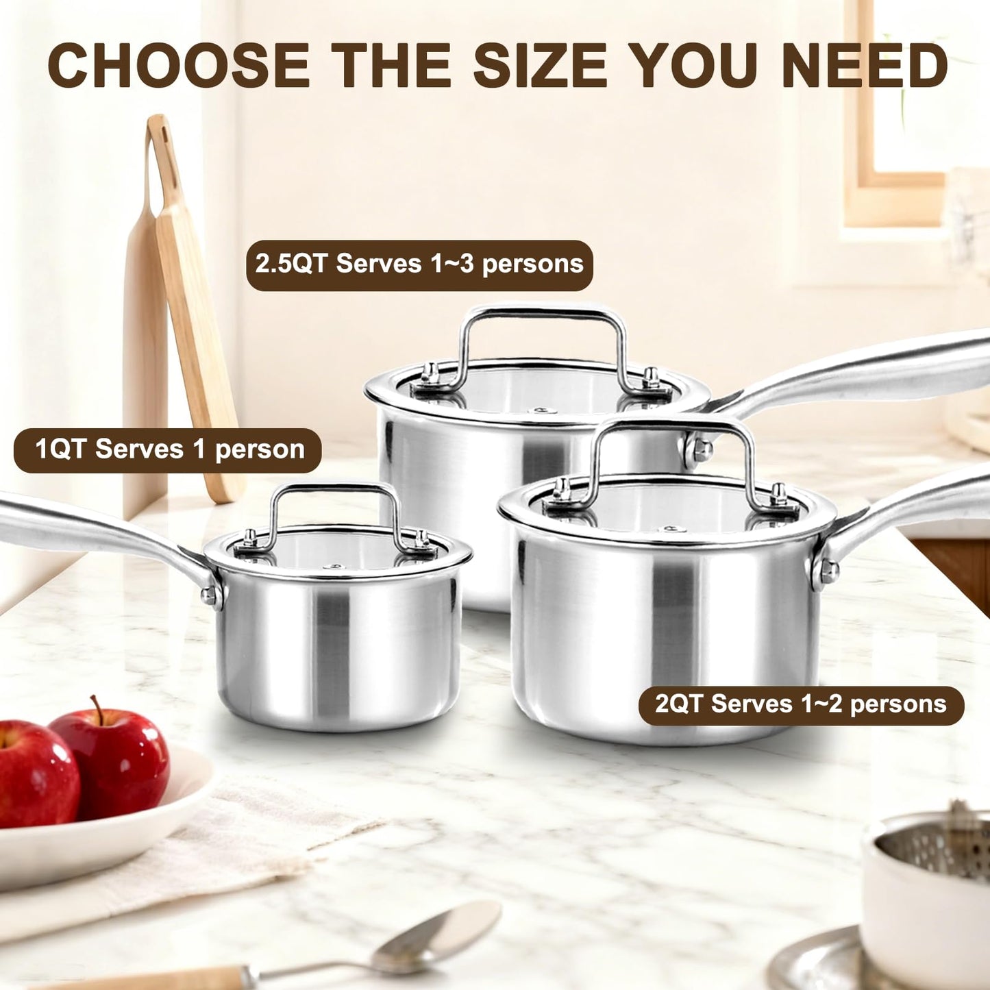 DELARLO Full-Body Clad Tri-Ply Stainless Steel Small Brushed Saucepan with Lid, Induction Cooking Sauce Pot Pan, Heavy Duty Saucier Cookware, PFOA&PTFE Free(2 Quart)