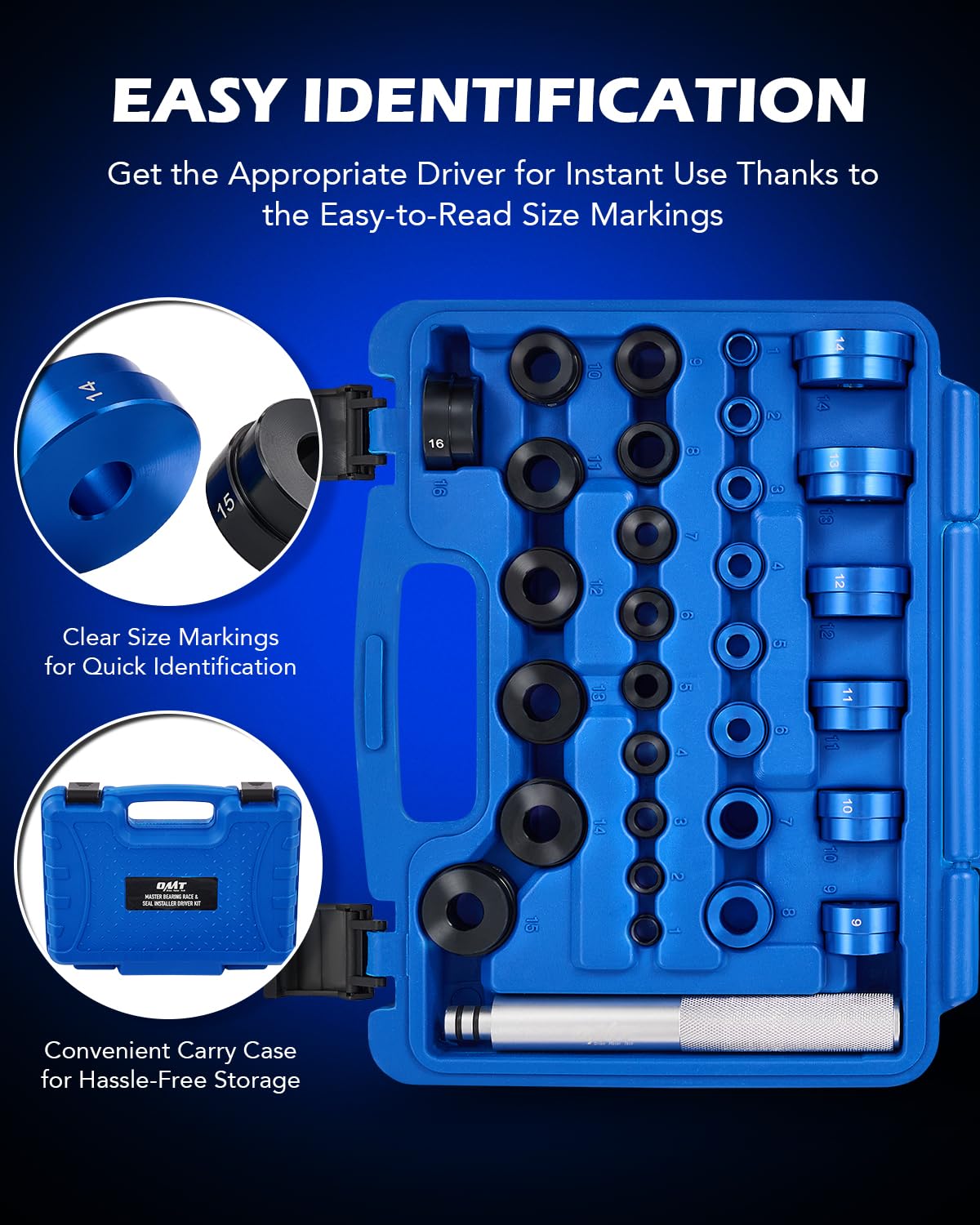 Orion Motor Tech 33pc Bearing Race & Seal Driver Set, 3 Knurled Handles, 30 Dual-Sided SAE & Metric Adapters, Blue Aluminum Alloy, Grease Compatible, Wheel Bearing Installation Kit