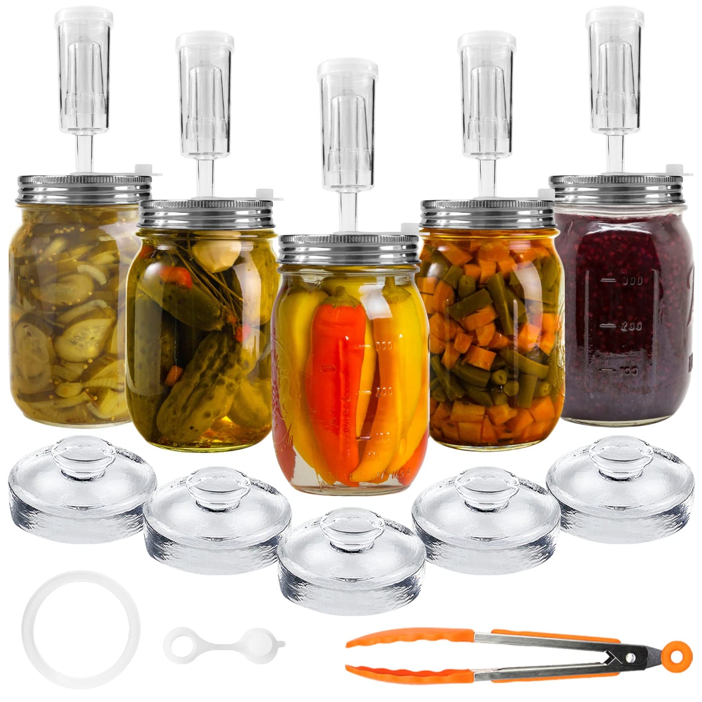 Artcome 28 Pcs Fermentation Kit - 5 Stainless Steel Lids, 5 Glass Weights, 5 Airlocks, 6 Silicone Rings, 6 Grommets, 1 Silicone Tong (Jars Not Included)