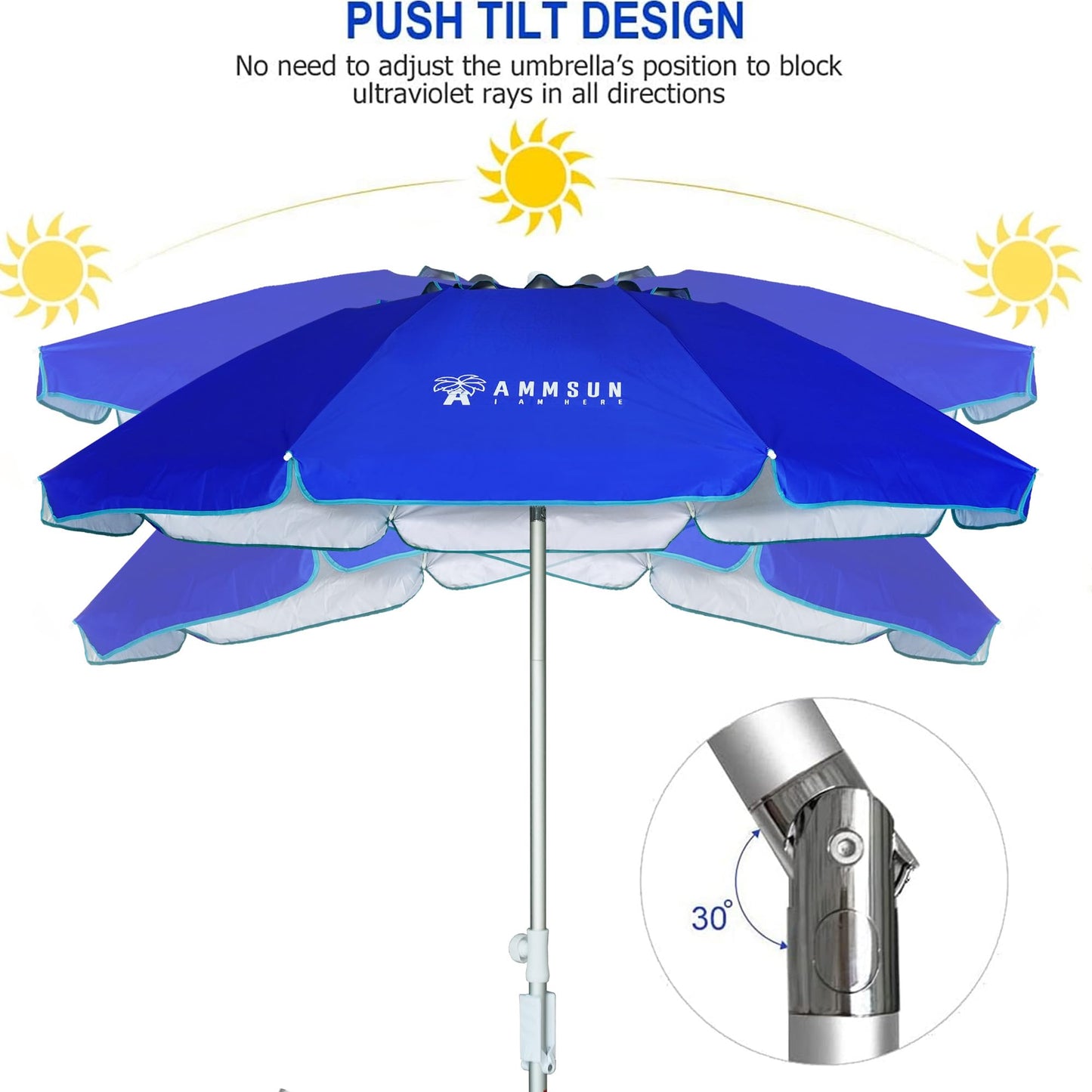 AMMSUN 6.5ft Folded Portable travel Beach Umbrella with Sand anchor Air-vent Tilt UPF 50+ Protection Fits in Suitcase Compact Foldable beach umbrella for Beach Garden Pool Blue