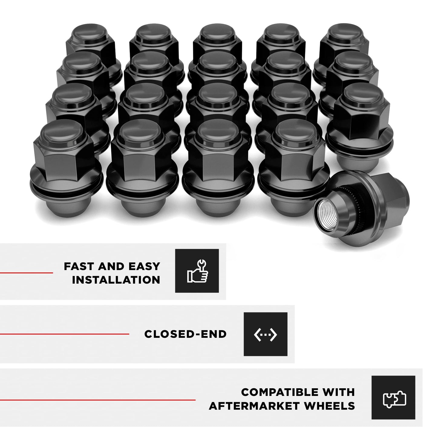White Knight M12x1.50 Solid Piece Factory Mag Style Lug Nuts for Select Toyota Camry Corolla Highlander RAV-4 CH-R Sienna Tacoma and more – Heat Treated Triple Layer Black Chrome – 5307BK-20 (20 Pack)