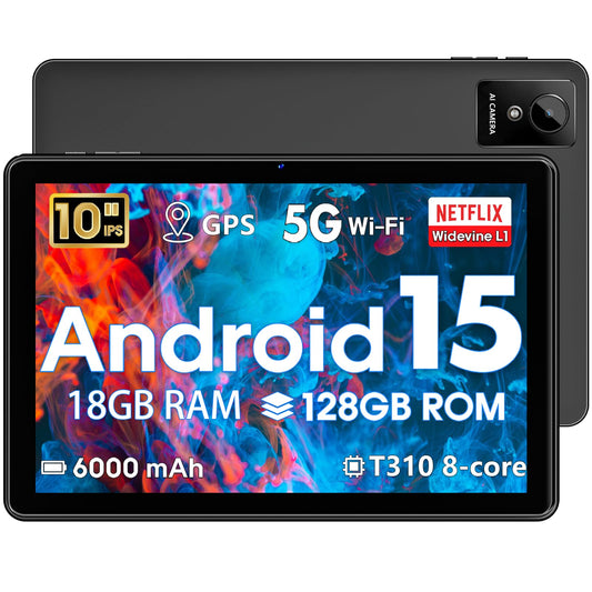 Android 15 Tablet 10 inch,2025 Newest Tablets,18GB RAM 128 ROM,1TB Expandable,Widevine L1 Compatible Octa-Core Tablet with WiFi 5,6000mAh,T310 CPU,Dual Camera(5MP+8MP)
