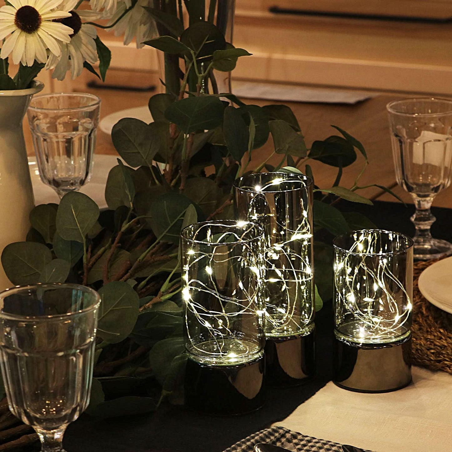 Rhytsing Set of 3 Glass Cylinder Lanterns with Fairy Lights, Decorative Table Lamp Flameless Candle with Timer Function