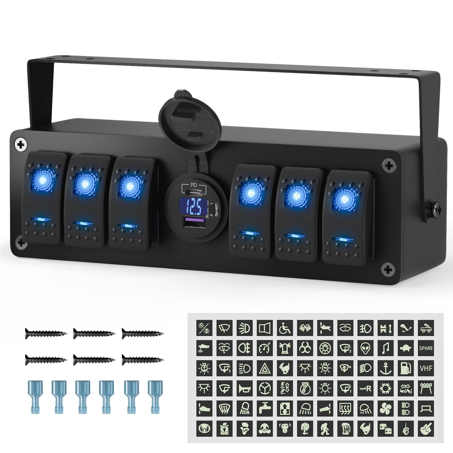 Joinfworld 6 Gang Rocker Switch Box Waterproof 12V SPST ON/Off LED Light Bar Switch Panel with Dual USB Outlet PD3.0 & QC3.0 Car USB Port for Boat Marine Automotive Car Truck RV UTV
