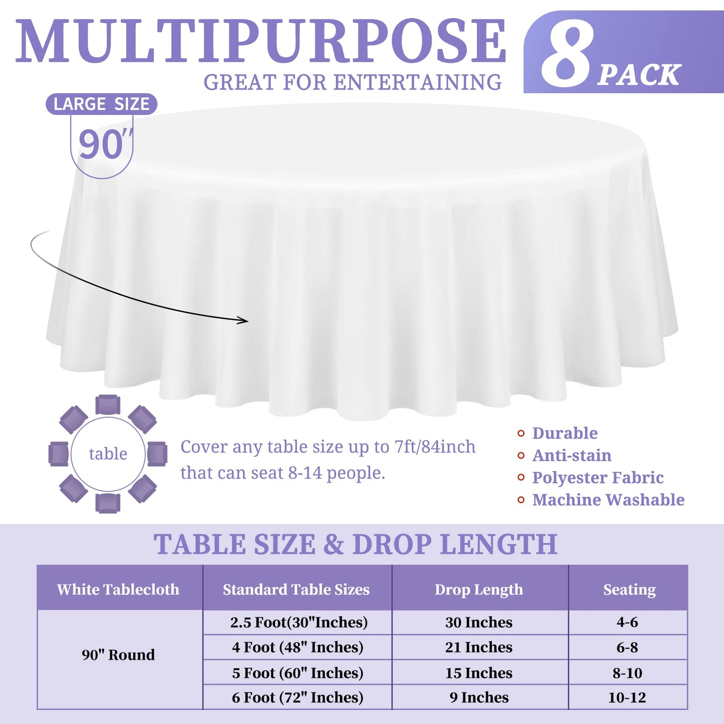 Showgeous 8 Pack White Round Tablecloth 90 Inch Round Table Cloths Washable Polyester Tablecloths for Round Tables Wrinkle Resistant Table Cloth Decorative Fabric Table Cover for Dining Wedding Party