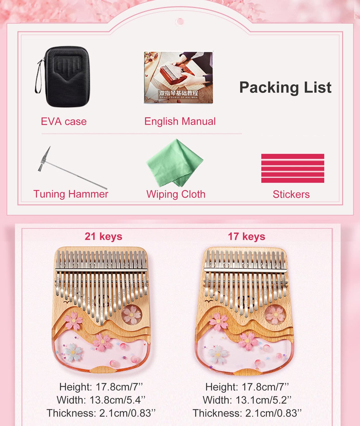 Kalimba 21 Keys Thumb Piano in Crystal & Wood with Portable EVA Bag, Tune Hammer, Thumb Pianos Finger Harp, Mbira Finger Piano Kalimba Gifts for Adults Kids Beginners,21keys Sakura