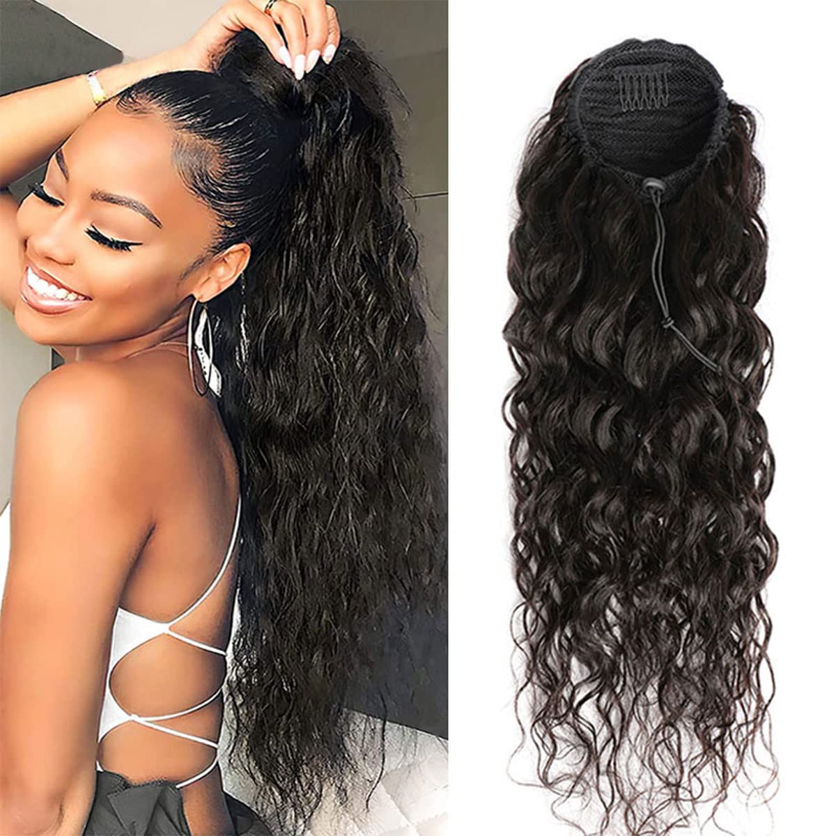 Corn Wave Ponytail Human Hair Drawstring Ponytail Extension Clip in Hair curly Straight Natural Black onytails for Women Clip in on Ponytail Hair Extensions (22 Inches,130g)