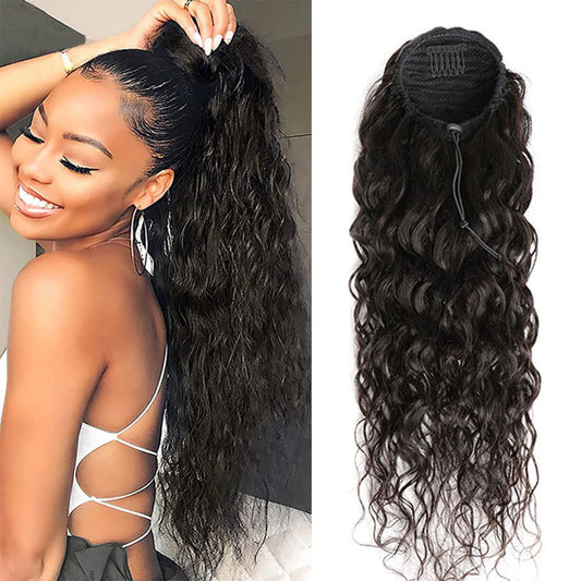 Corn Wave Ponytail Human Hair Drawstring Ponytail Extension Clip in Hair curly Straight Natural Black onytails for Women Clip in on Ponytail Hair Extensions (22 Inches,130g)