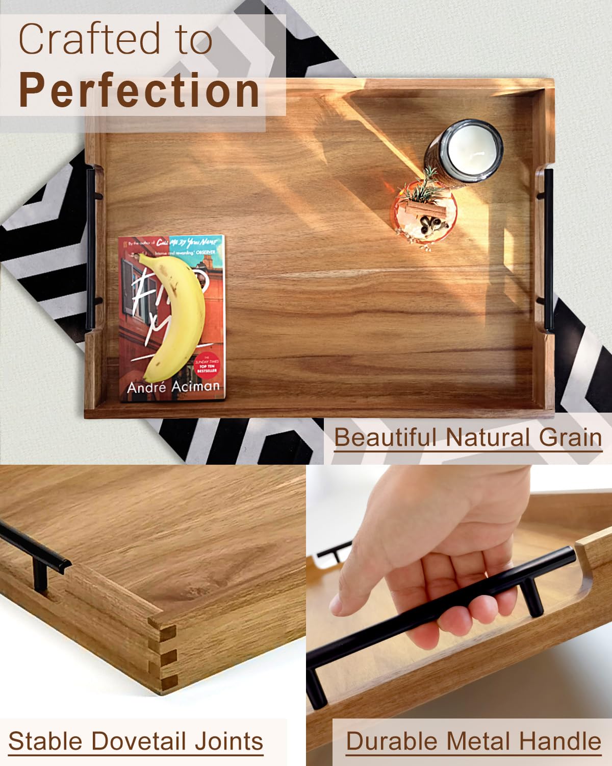 OurMiao 22 Inches Acacia Wood Serving Tray with Metal Handles, Large Wooden Rectangle Ottoman Tray, Decorative and Durable Design for Living Room Coffee Table Couch