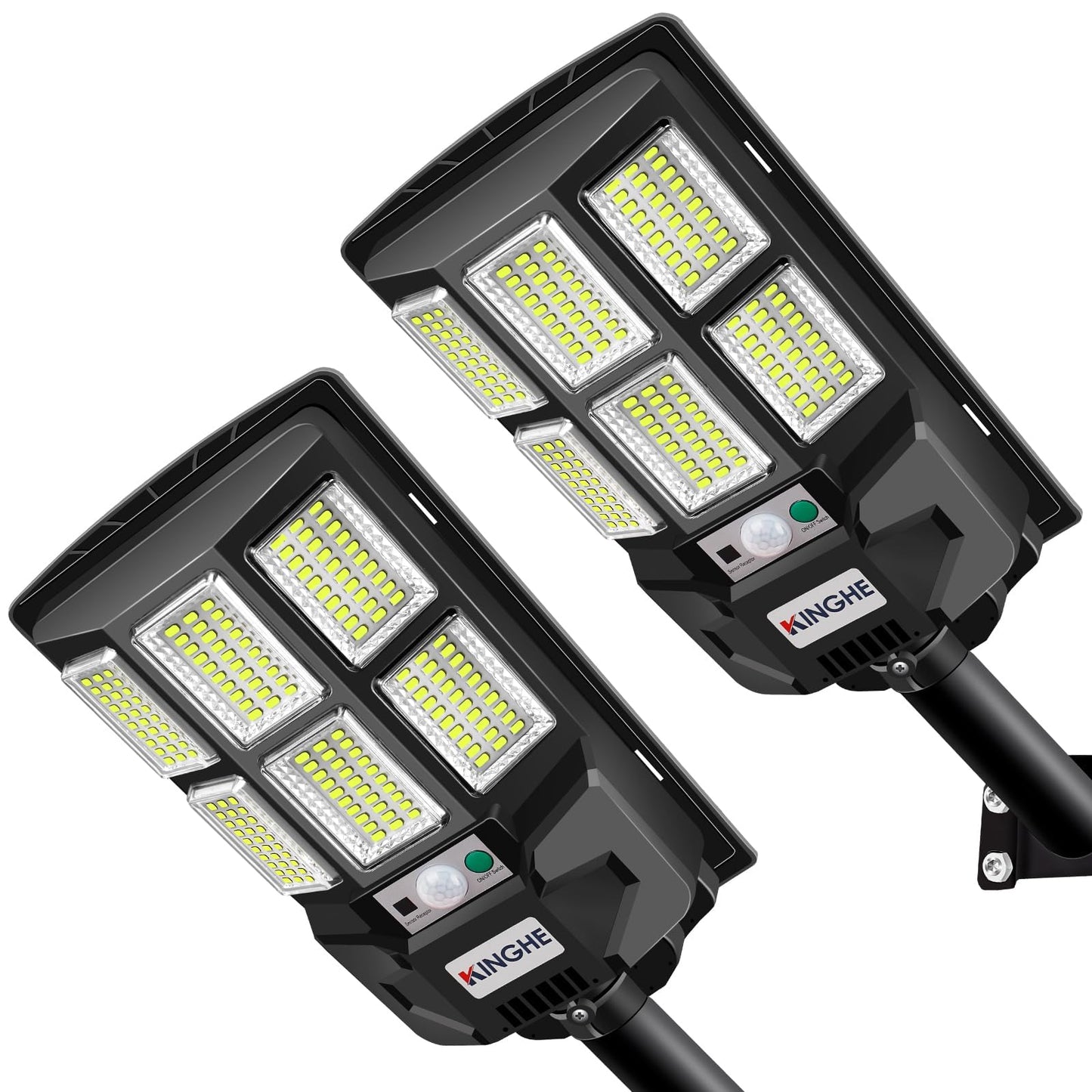 KINGHE Solar Street Lights Outdoor：3000LM, 2 Pack Solar Motion Sensor Lights, 8000mAh, 240° Wide Angle, Dusk to Dawn Security Lights, 6500K Bright White for Yard Driveway Garden