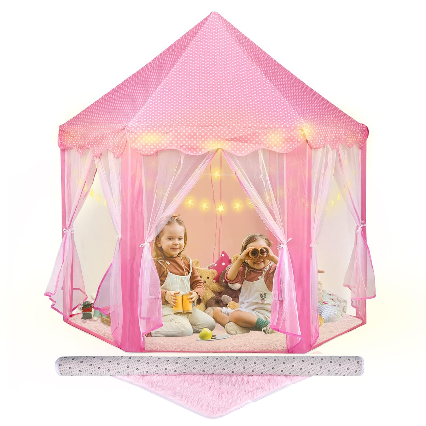Princess Tent with Rug,Pink Play Tent for Girls,Princess Castle Playhouse for Kids Indoor or Outdoor Games,55x 53 inches