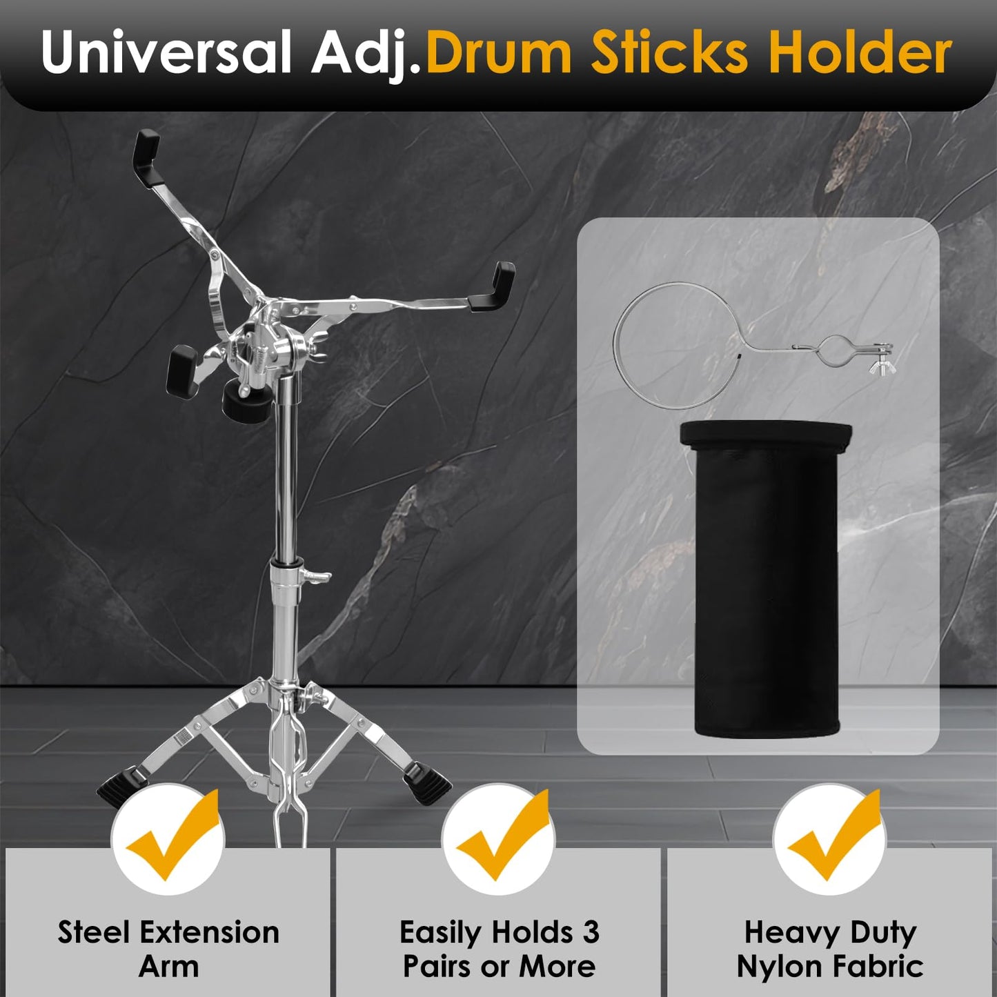 Snare drum stand, drum pad stand adjustable height 14.5 to 23 inches, accessory arm kit tripod snare drum stand suitable for 14 to 10 inch lightweight drum practice pad stand, suitable for drum