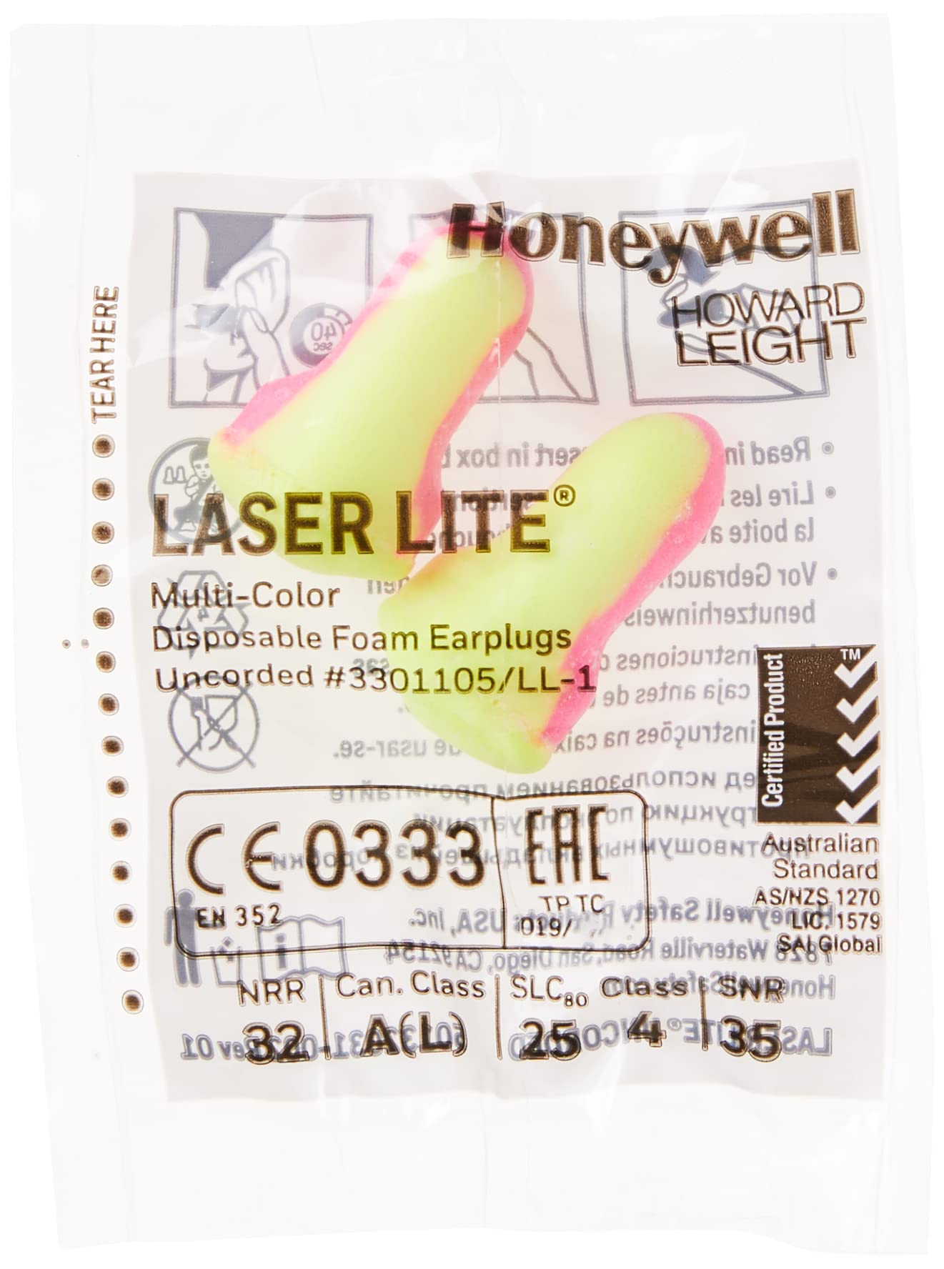 Howard Leight LL-1 Laser LiteUncorded Foam Earplugs Box, 200 Pair (Pink/Yellow)