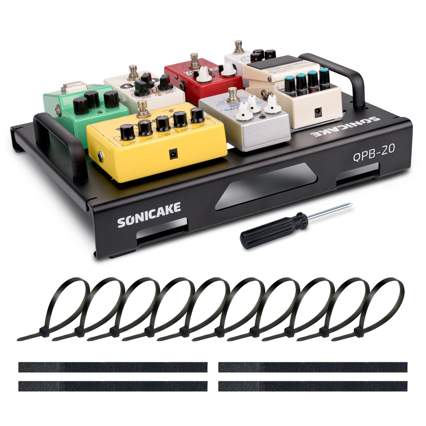 SONICAKE QPB-20 Mini Aluminium Guitar Pedalboard Pedal Board for Guitar Effects 38 x 29 x 6.5 cm with Pedals Ribbon and Black Ties