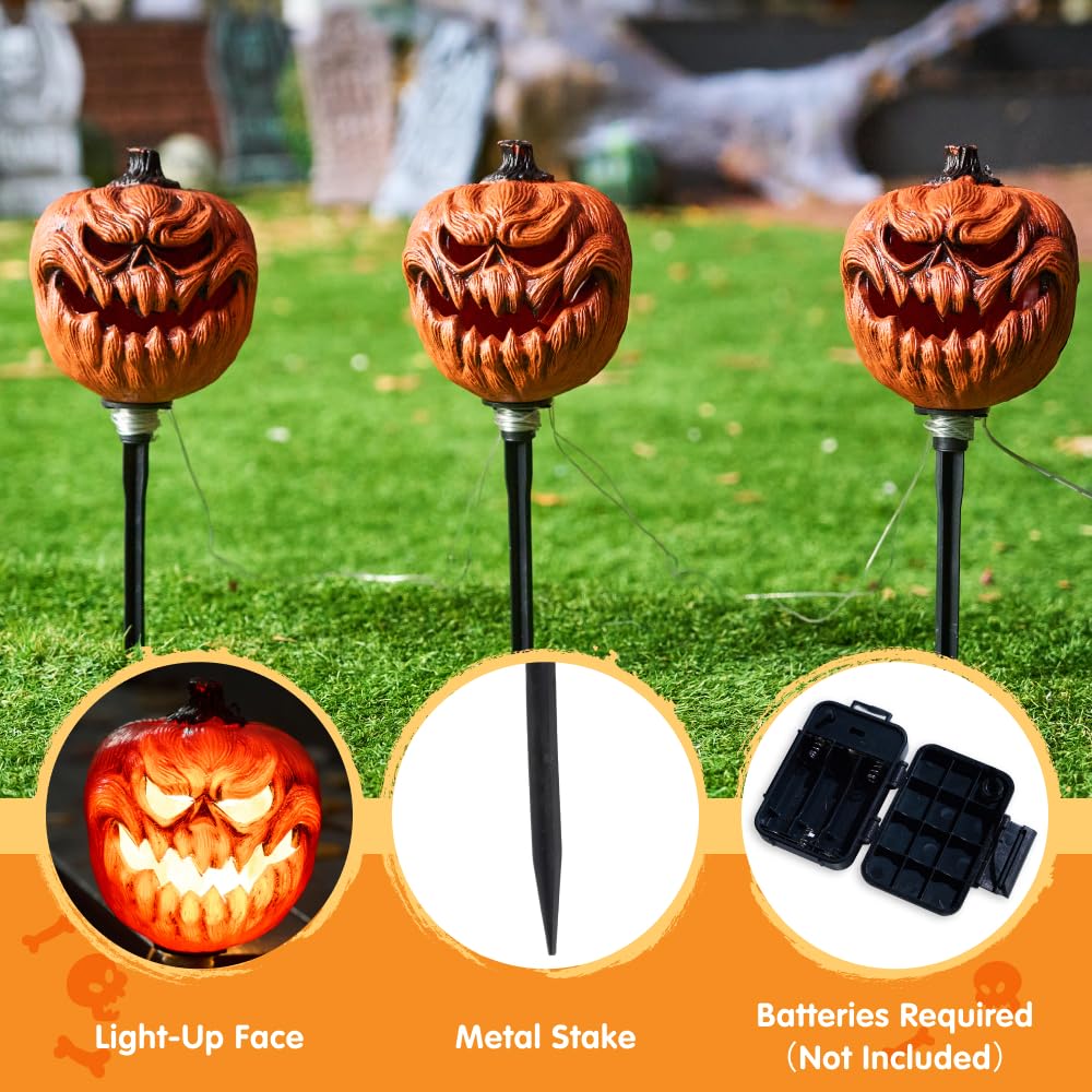 JOYIN 3 Pcs Halloween Outdoor Decorations Jack O Lantern Pumpkin Pathway Lights, Light-up Halloween Waterproof Path Maker Stakes for Graveyard Decoration Party Porch Yard Lawn Garden Decor