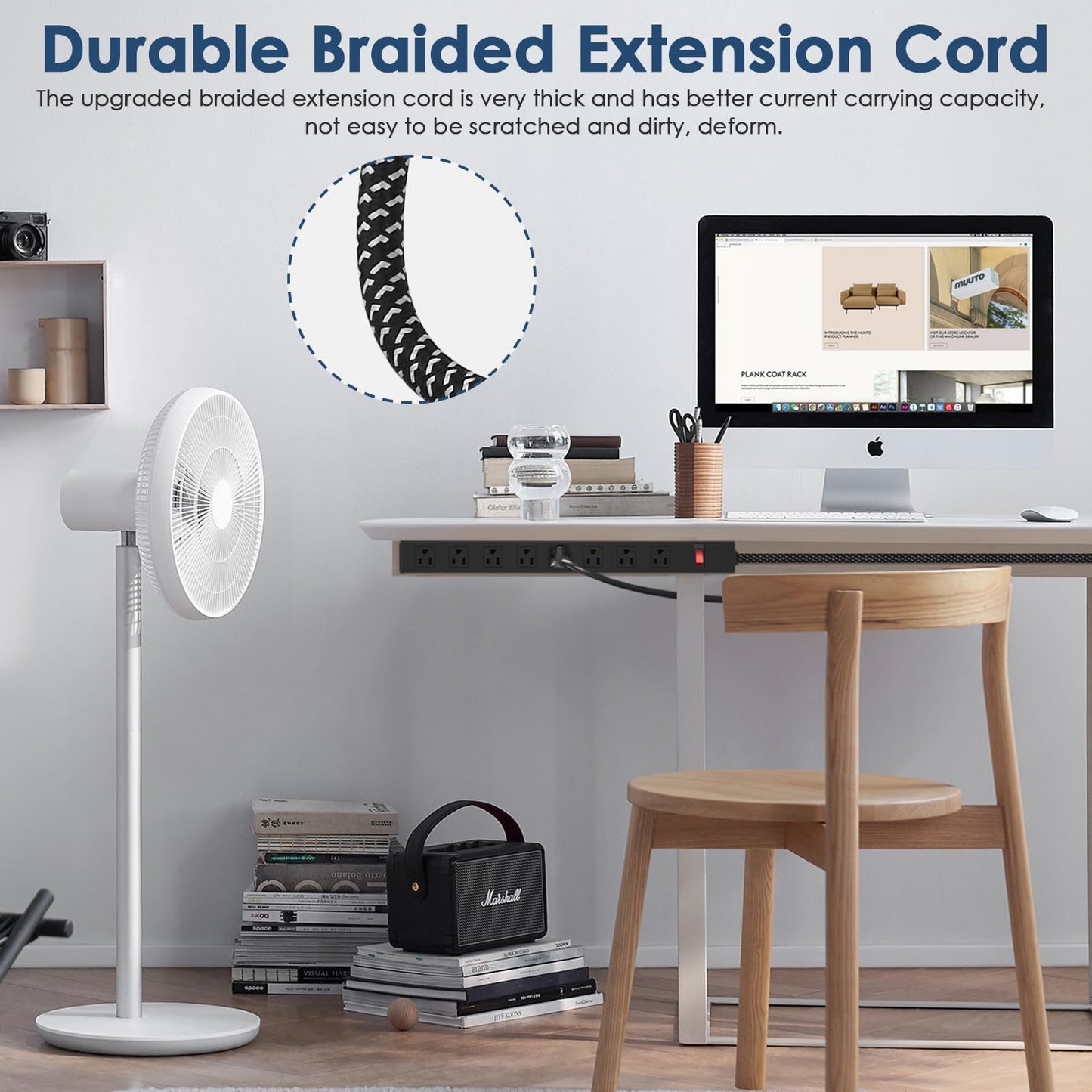 8 Outlet Power Strip - Metal Power Strip with Switch,Wide Spaced Moutable Power Strip,6ft 14Awg Braided Cord,Home Office Industrial Garage Commercial