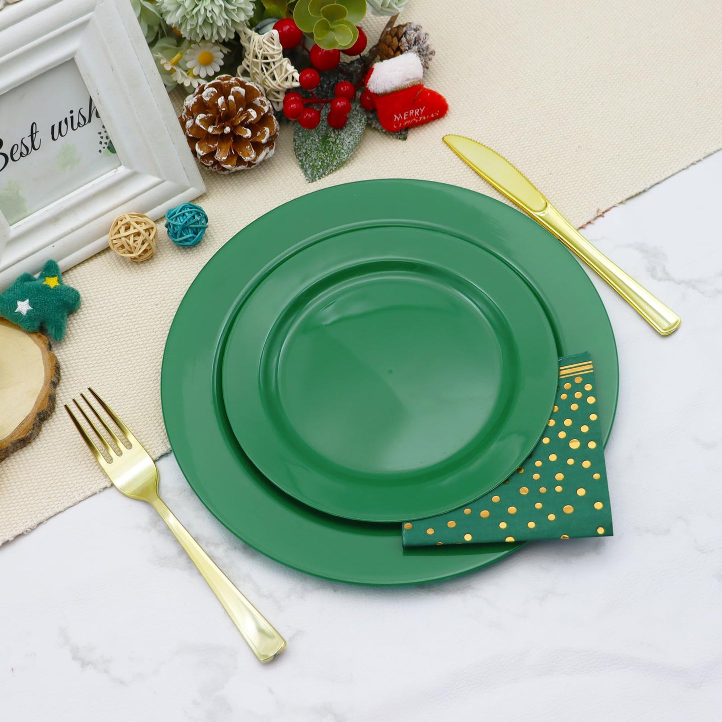 joy akkess 50 PCS Green Plates Disposable, Heavy Duty Green Plastic Plates include 25 Dinner (10.25") & Dessert (7.5") for Birthday, Christmas