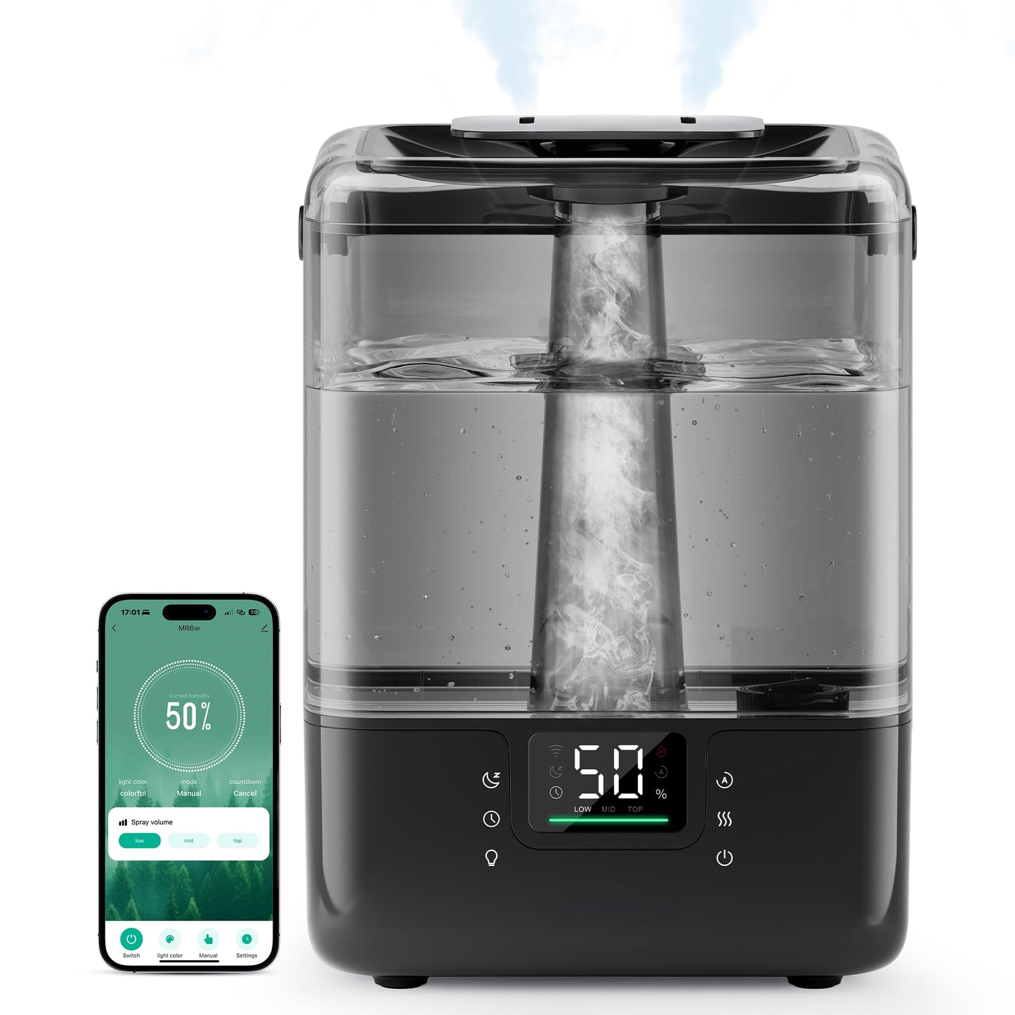 MERONTE 6L Smart Humidifiers for Bedroom Home, 360° Adjustable Nozzle, Timer, Auto Shut Off, Touch/APP/Voice Control, 7-Color Night Light, Top Fill Essential Oil Diffuser for Baby & Plant, Black 1Pack