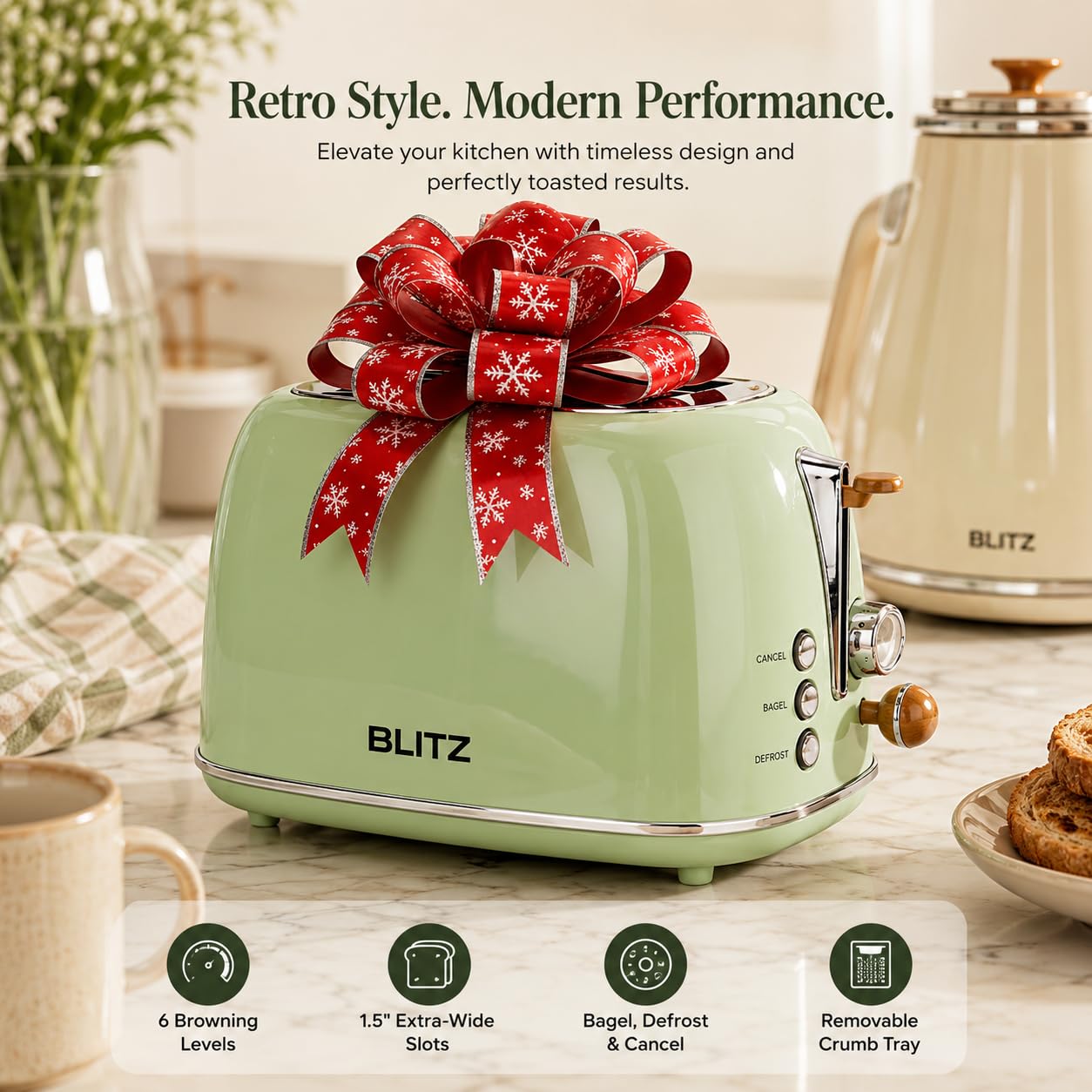 BLITZ Retro 2-Slice Stainless Steel Toaster, Cream Finish – Adjustable 6 Browning Levels, 1.5-Inch Extra-Wide Slots, Bagel/Defrost/Cancel Functions, and Removable Crumb Tray (Retro-Green)