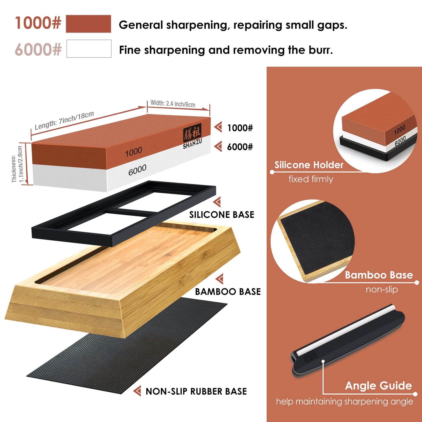 SHAN ZU Whetstone Knife Sharpening Stone, Premium 2-Sided Whetstone Sharpener 1000/6000 Grit Whetstone Kit with Non-Slip Bamboo and Silicon Base Angle Guide for Chef Knife, Kitchen Knife,Hunting Knife