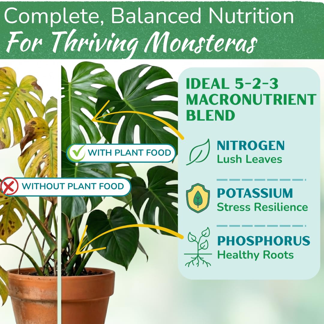 Houseplant Resource Center Monstera Plant Food with NPK 5-2-3 Ratio – Liquid Formulation Supports Optimal Nutrient Dispersal and Balanced Nitrogen Response for Strong Root Growth