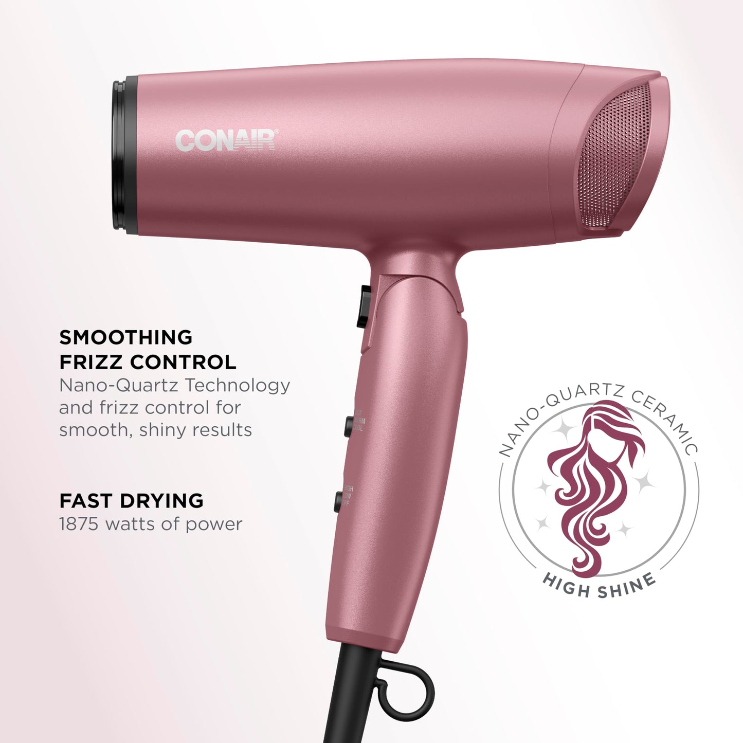 Conair Hair Dryer with Diffuser and Folding Handle, Travel Friendly Hair Dryer, Radiance Boost Blow Dryer for Less Frizz, More Shine, and Irresistibly Silky Hair, Includes Diffuser and Concentrator