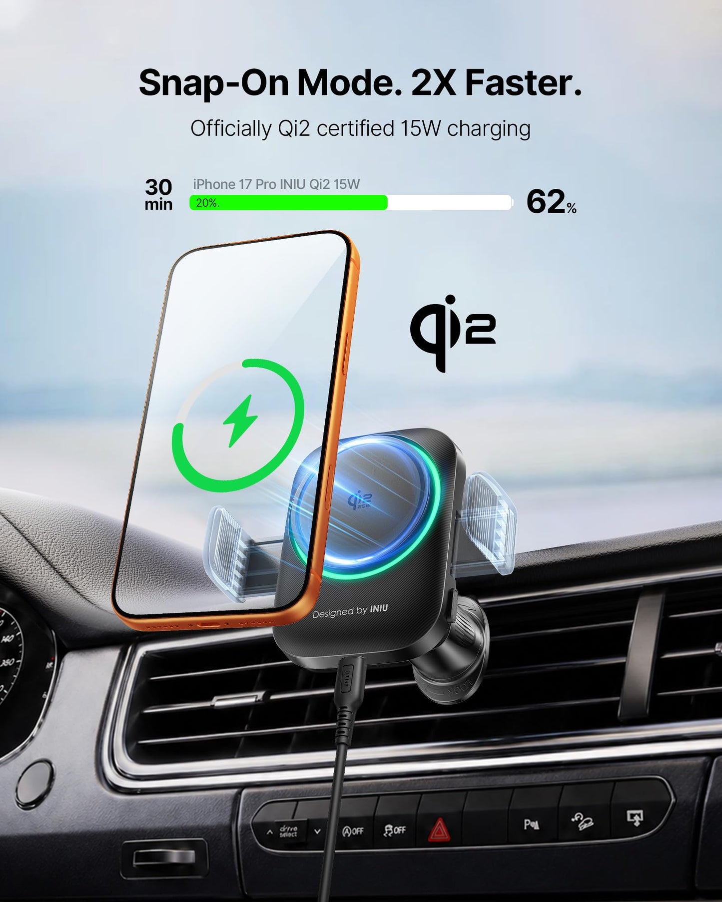 INIU Car Charger for MagSafe, Original Qi2 15W Fast Charging Wireless Car Phone Holder with Magnetic Grip, Air Vent & Dashboard Mount with Strong Clamp, Charger with Cooling Fan for iPhone 17-12 etc